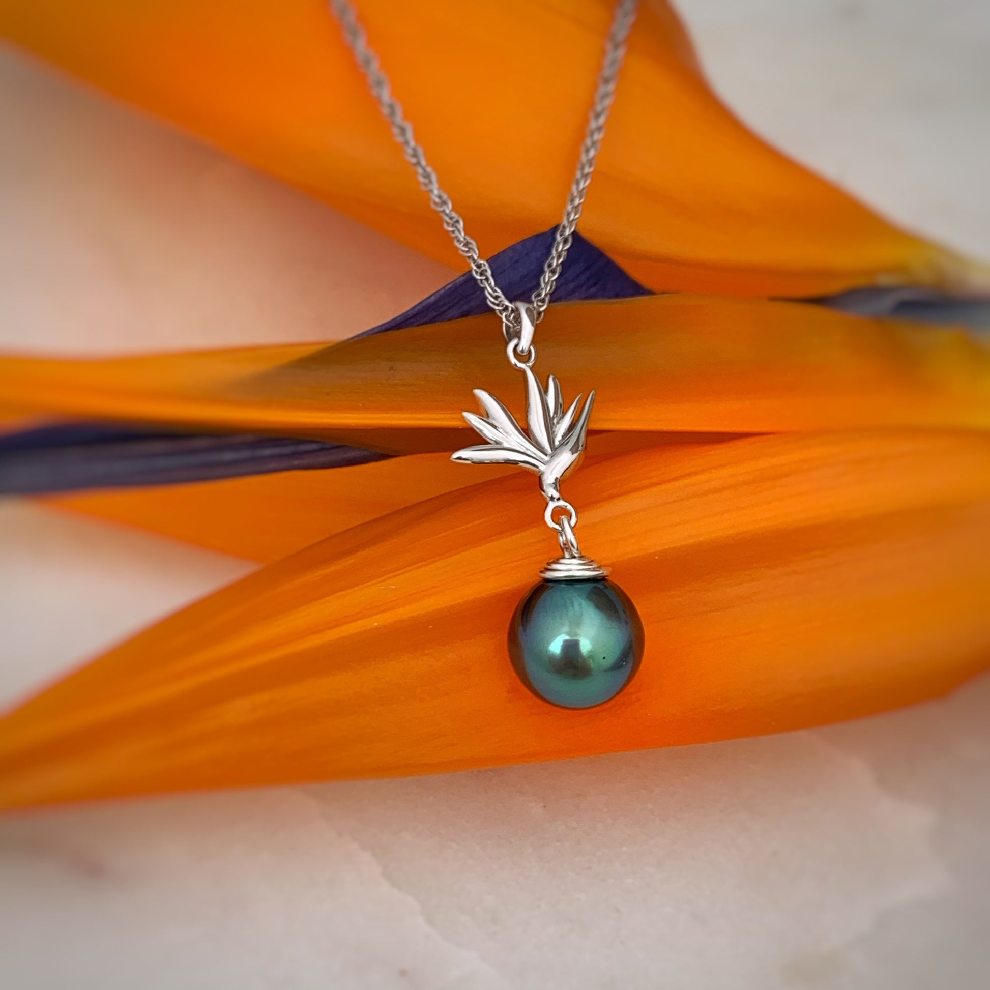 Tahitian pearl pendant — Bird of paradise necklace • CHOOSE YOUR PEARL • Sterling silver