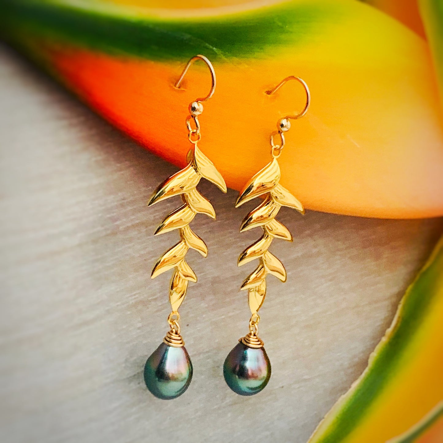 Tahitian Pearl Dangle Earrings: Gold plated Heliconia Leaf Drop Jewelry