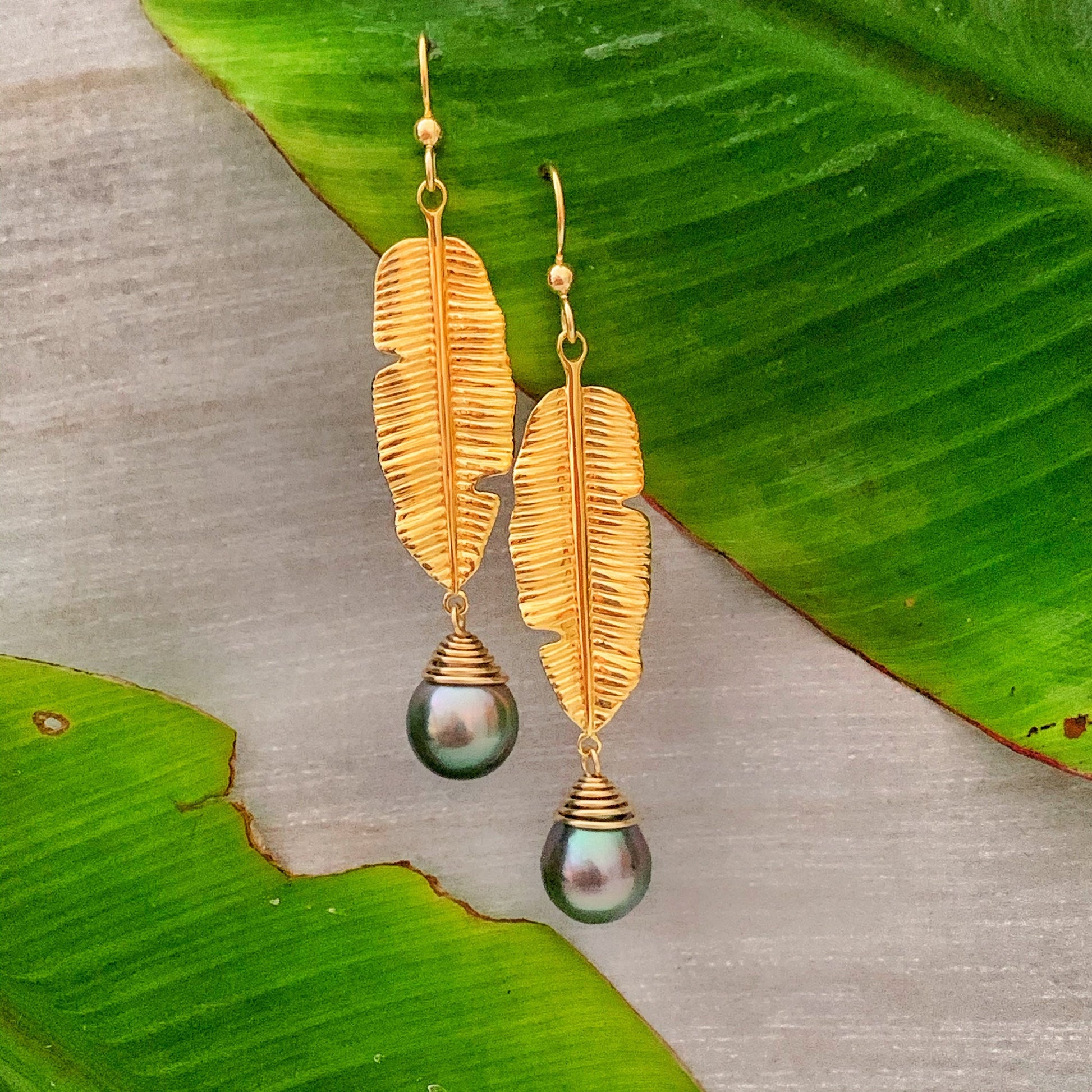 Banana Leaf Dangle Earrings: Tahitian Pearl, Heavy Gold Plated
