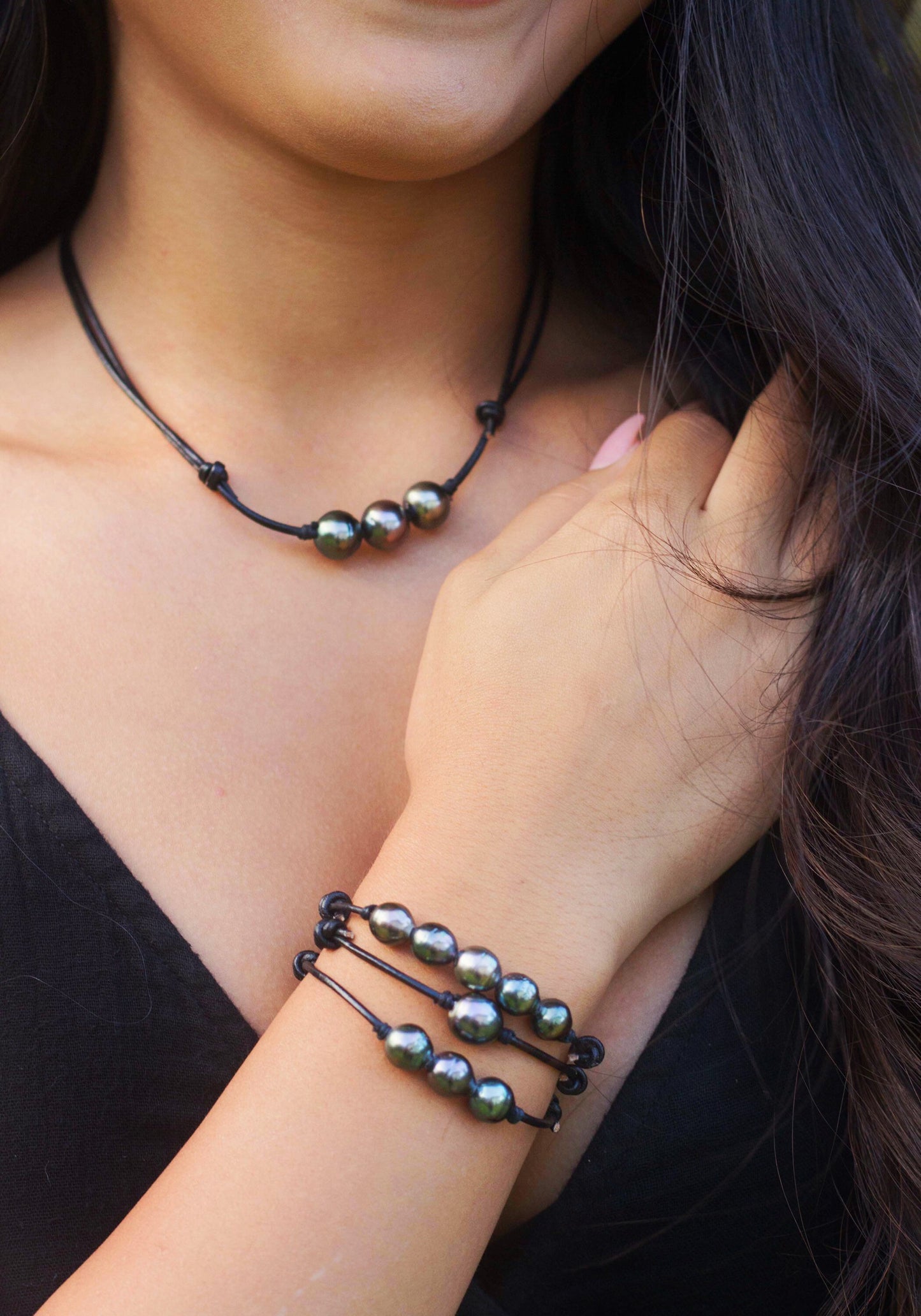 Triple Tahitian Pearl Leather Necklace: Adjustable Cord