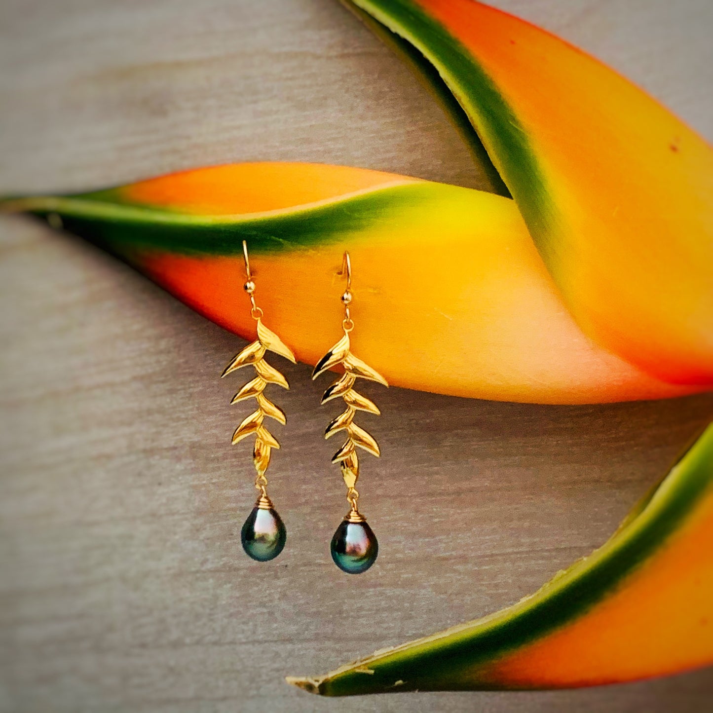 Tahitian Pearl Dangle Earrings: Gold plated Heliconia Leaf Drop Jewelry