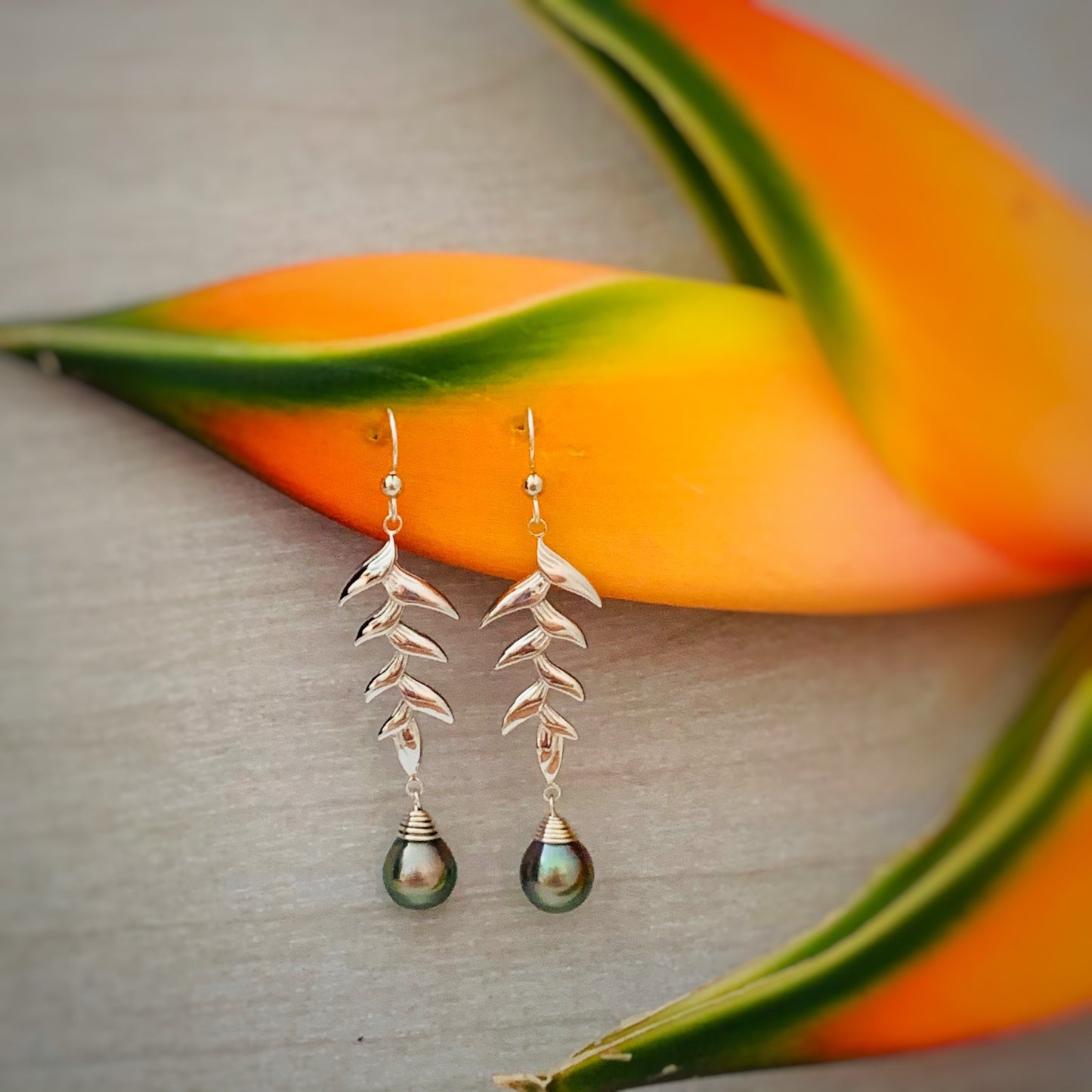 Tahitian Pearl earrings • Heliconia dangle earrings • Sterling silver statement jewelry • natural and genuine colors • organic gemstone