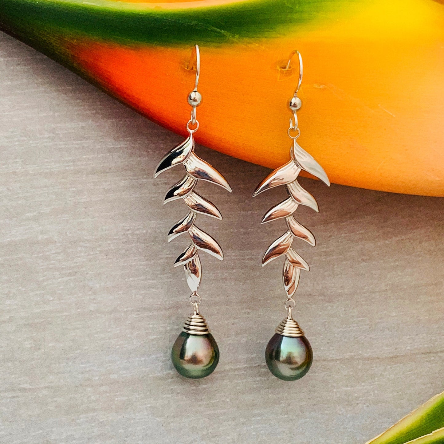 Tahitian Pearl earrings • Heliconia dangle earrings • Sterling silver statement jewelry • natural and genuine colors • organic gemstone