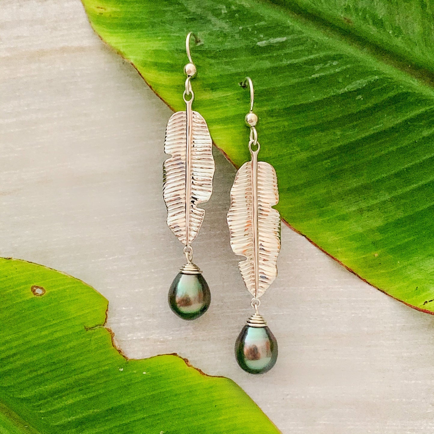 Tahitian Pearl Dangle Earrings: Sterling Silver Banana Leaf Jewelry