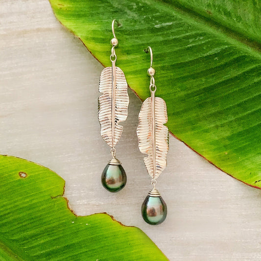 Tahitian Pearl Dangle Earrings: Sterling Silver Banana Leaf Jewelry