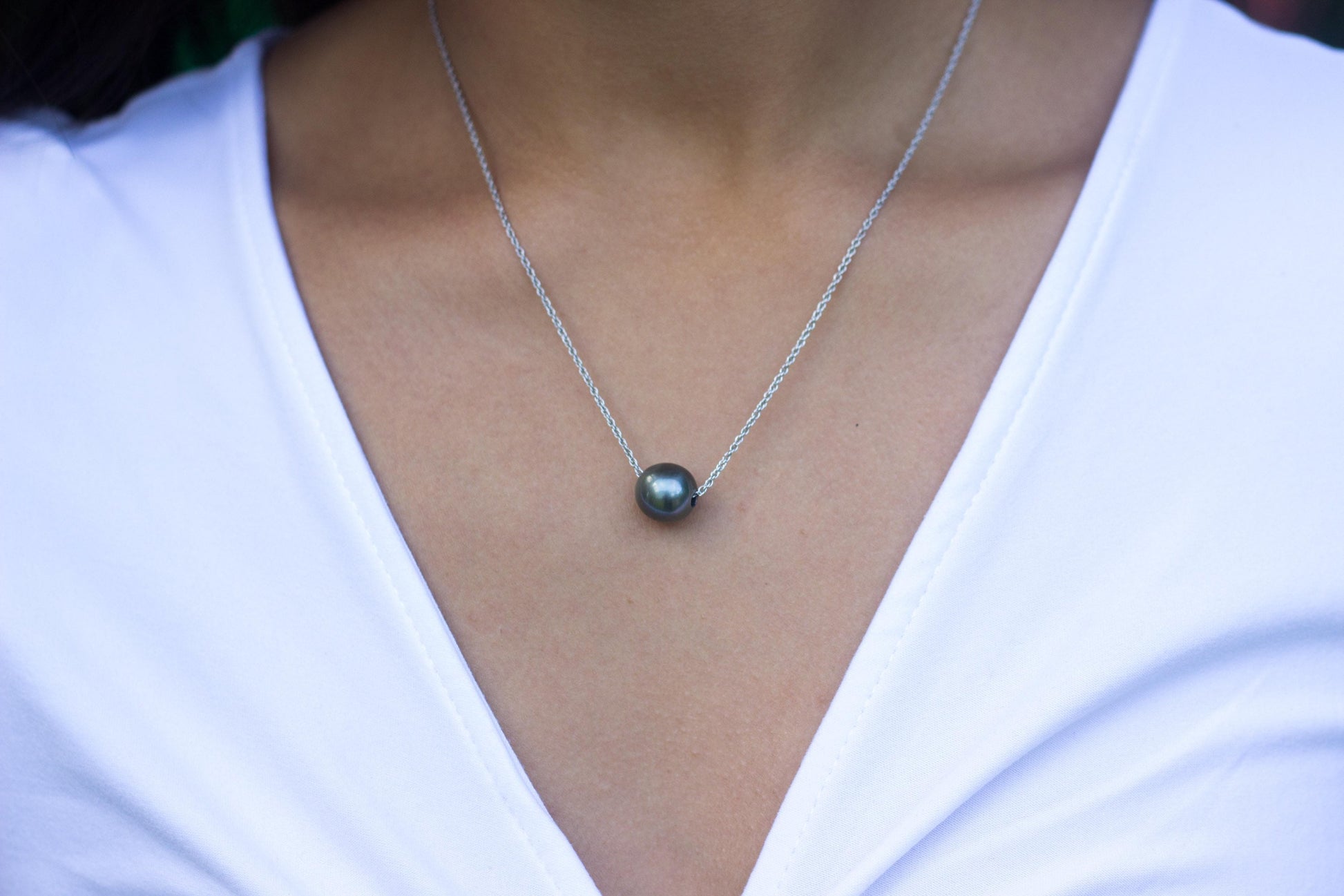 Tahitian Pearl Floating Necklace – Sliding Design in Sterling Silver – Handmade in Hawaii
