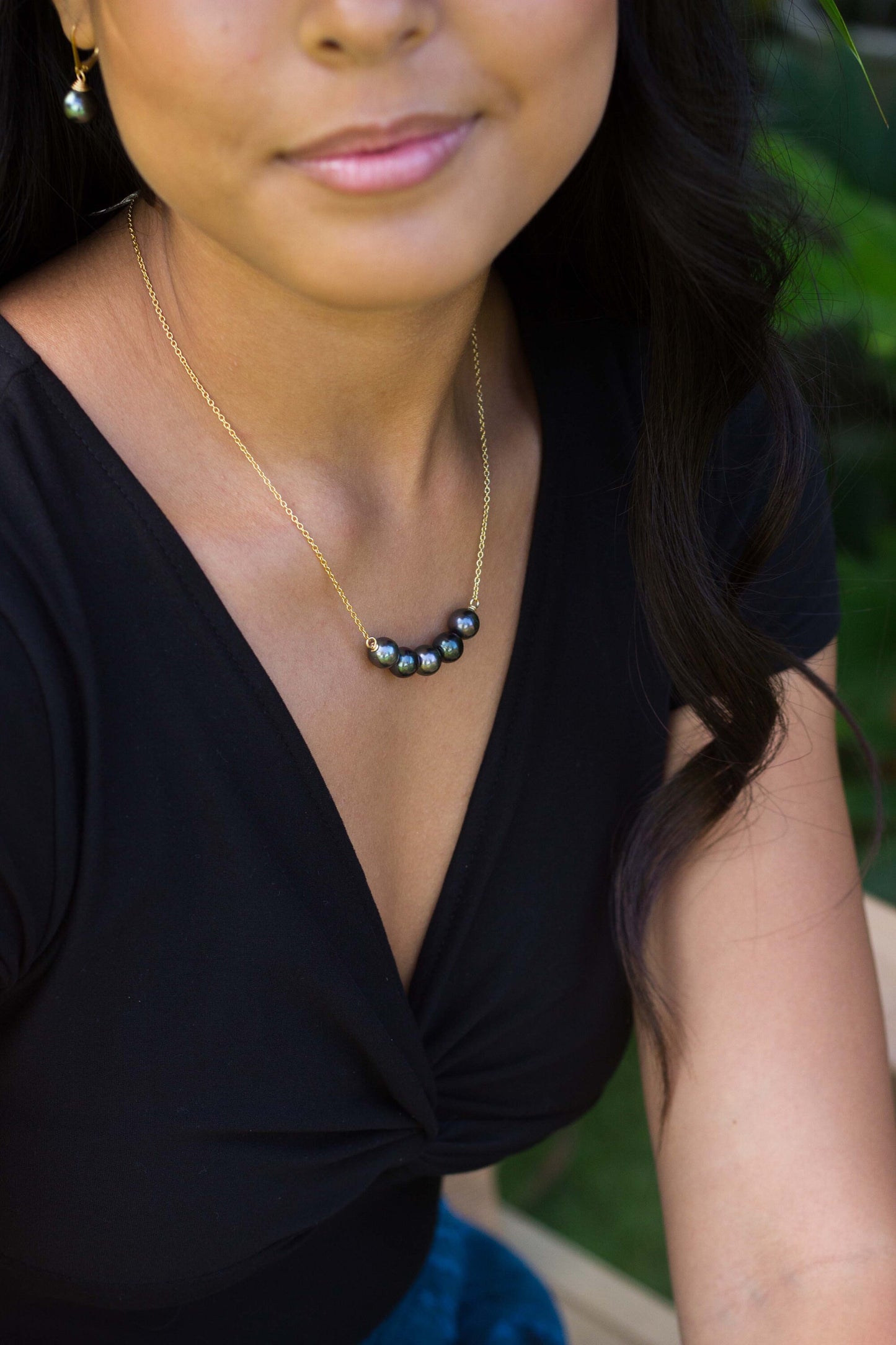 Five Tahitian Pearl Bar Necklace: 14k Gold Filled or Sterling Silver