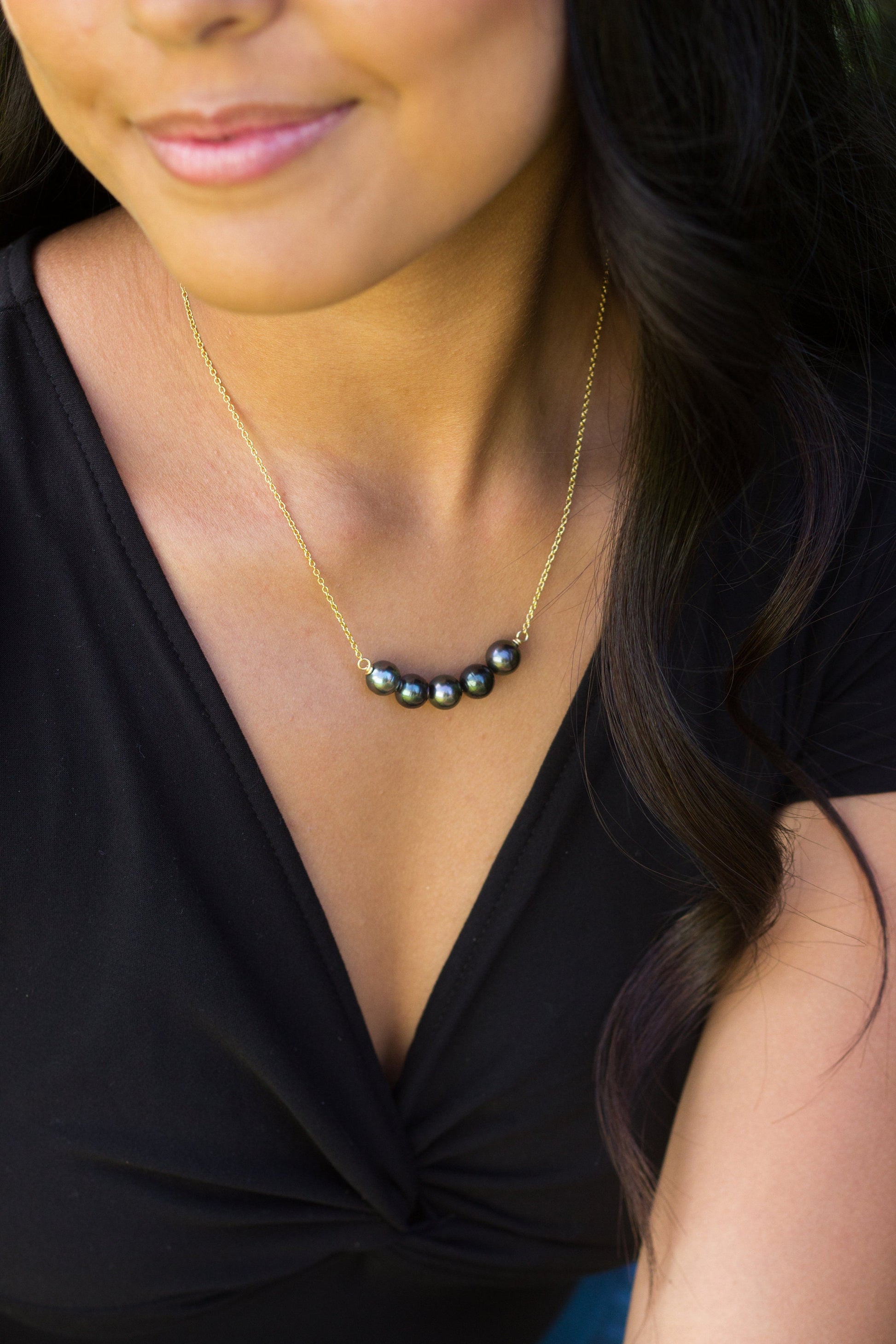 Five Tahitian Pearl Bar Necklace: 14k Gold Filled or Sterling Silver