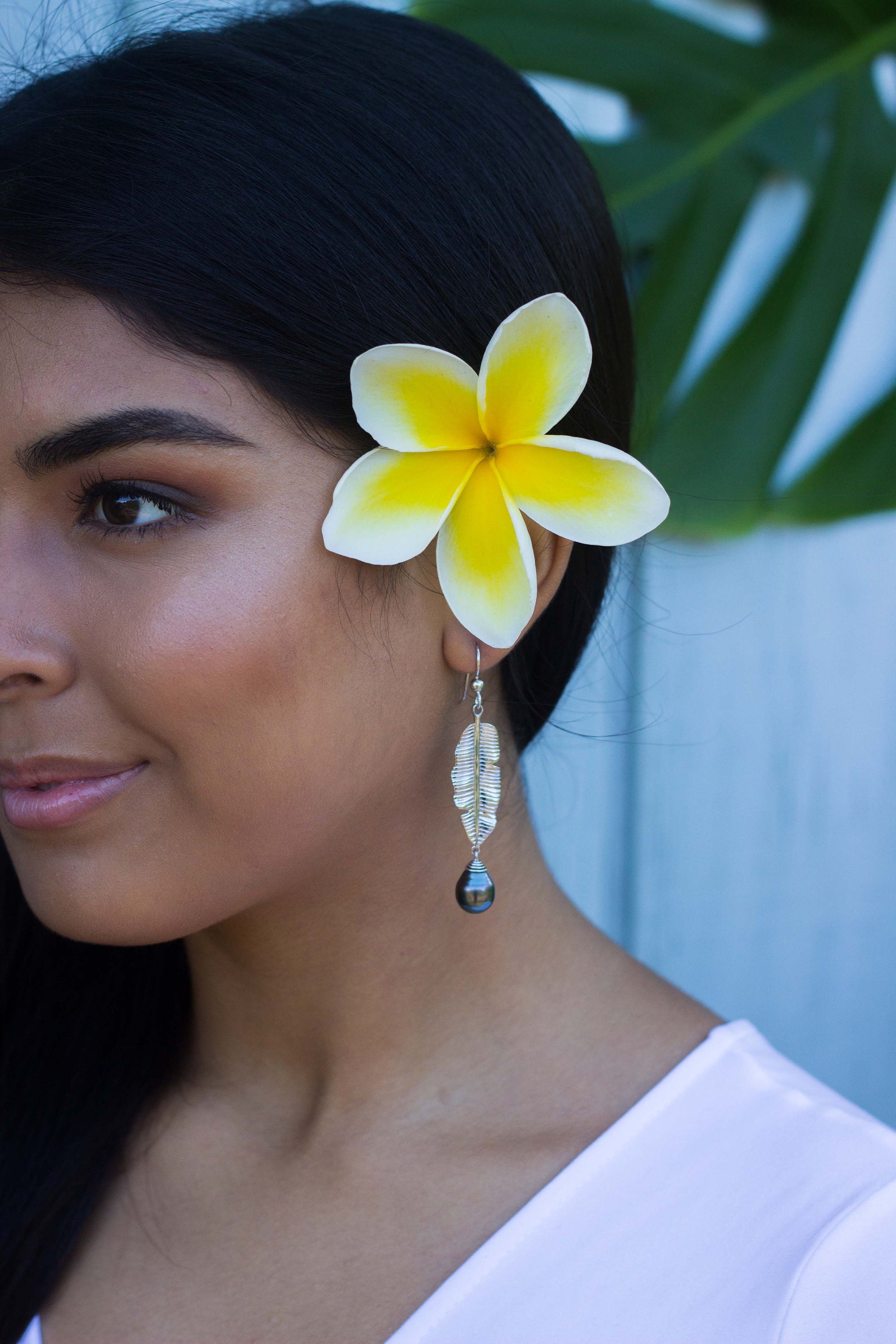 Tahitian Pearl Dangle Earrings: Sterling Silver Banana Leaf Jewelry