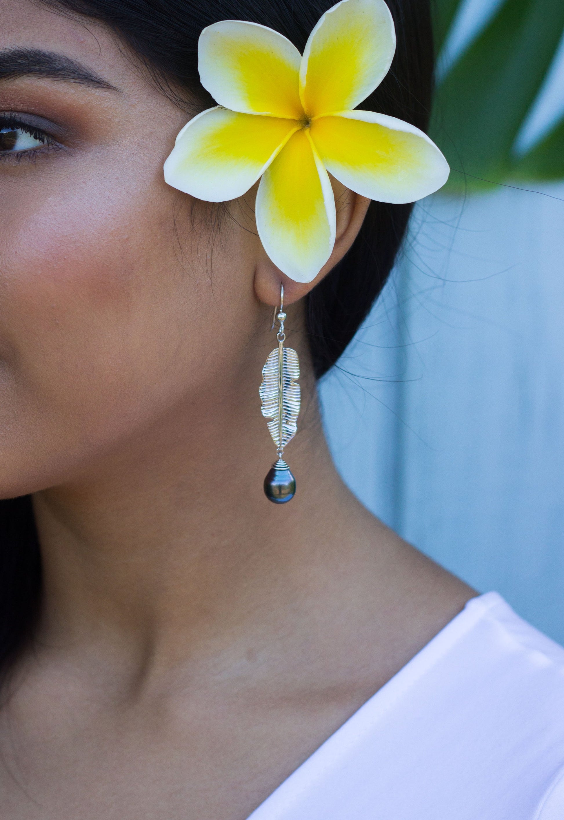 Tahitian Pearl Dangle Earrings: Sterling Silver Banana Leaf Jewelry