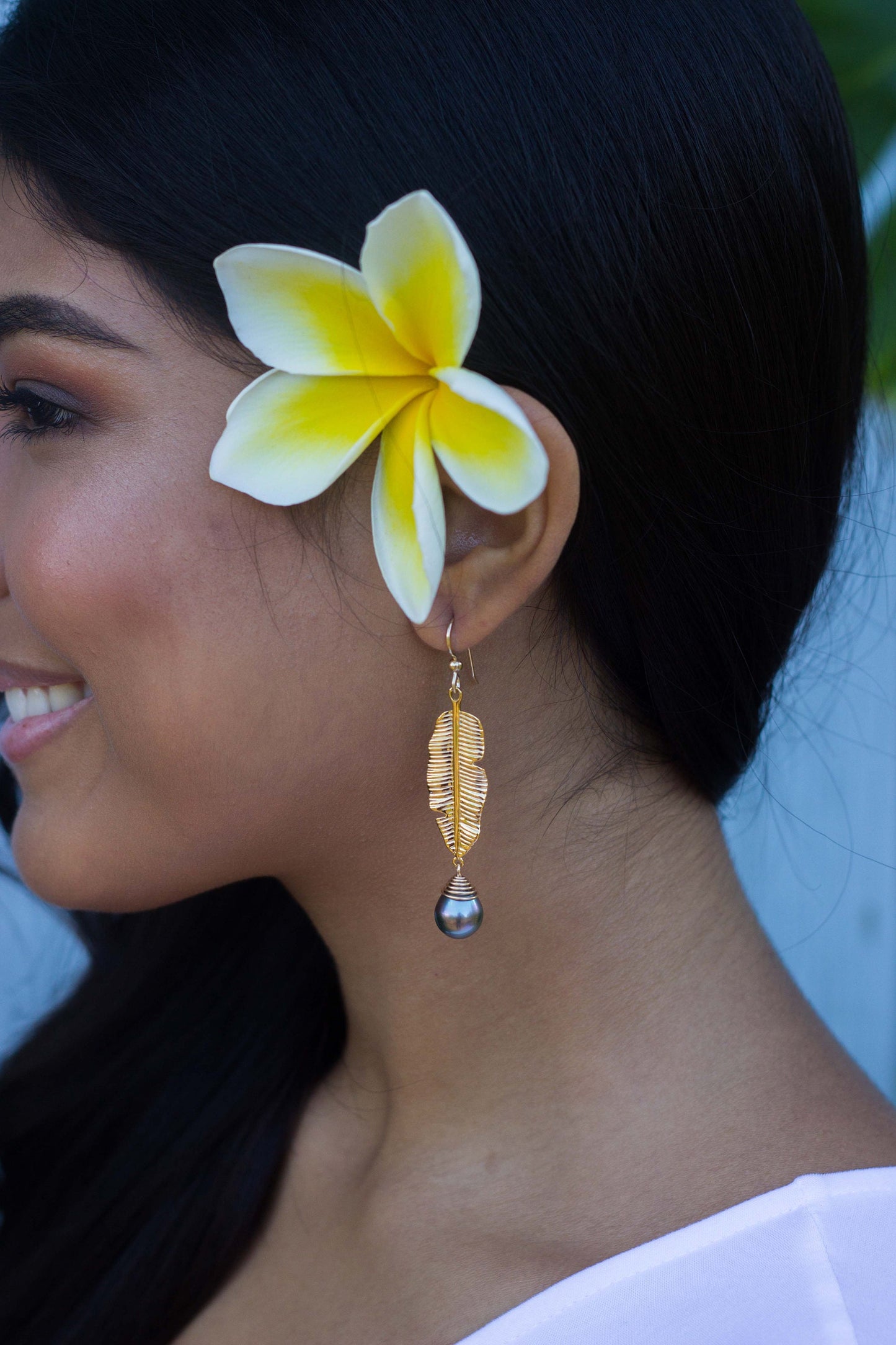 Banana Leaf Dangle Earrings: Tahitian Pearl, Heavy Gold Plated