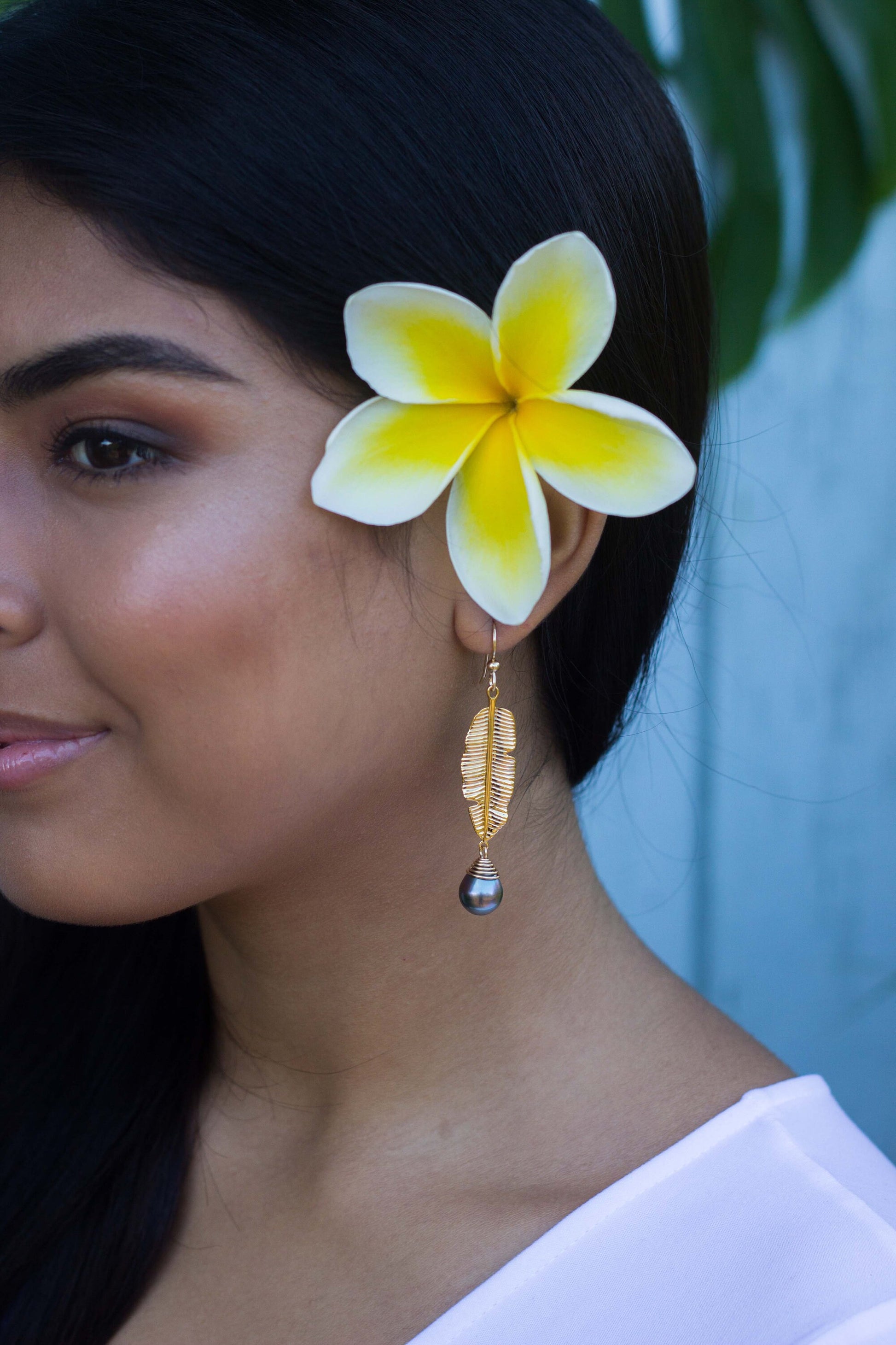 Banana Leaf Dangle Earrings: Tahitian Pearl, Heavy Gold Plated
