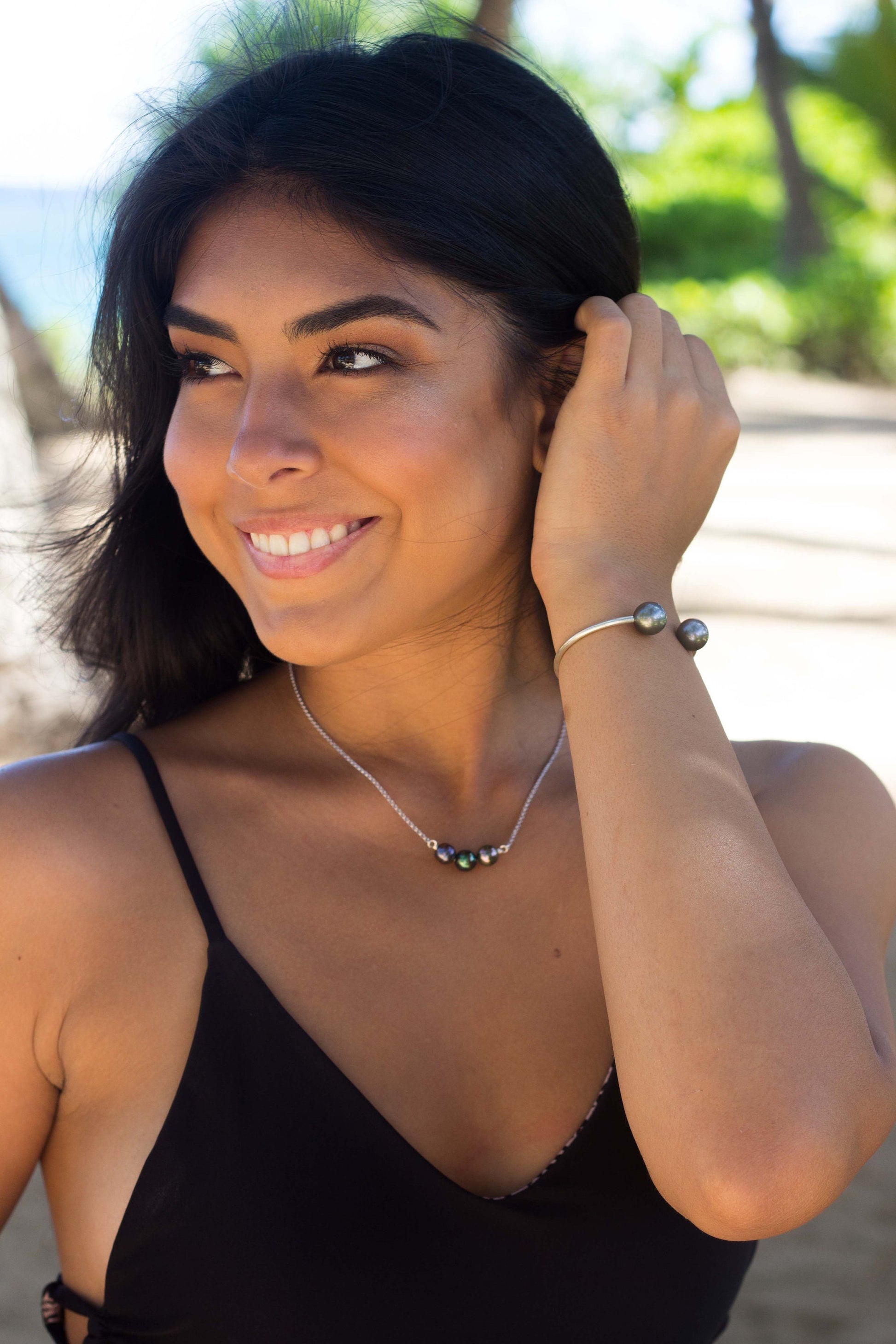 Tahitian Pearl Necklace – Triple Black Gems on Sterling Silver or Gold filled Chain