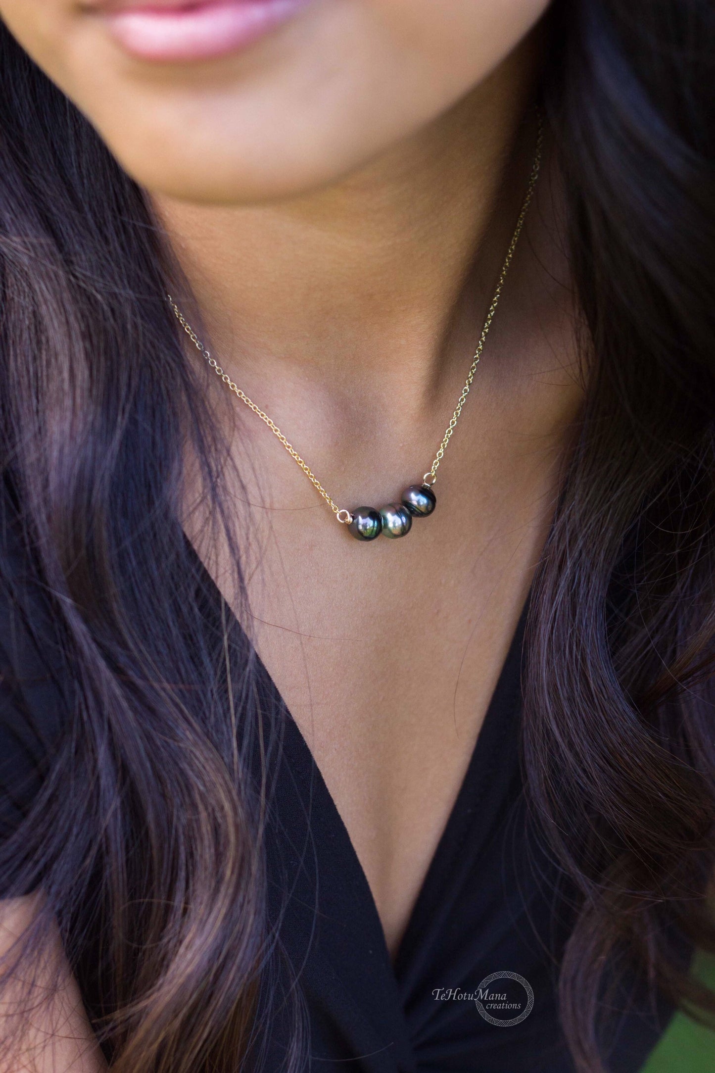 Tahitian Pearl Necklace – Triple Black Gems on Sterling Silver or Gold filled Chain