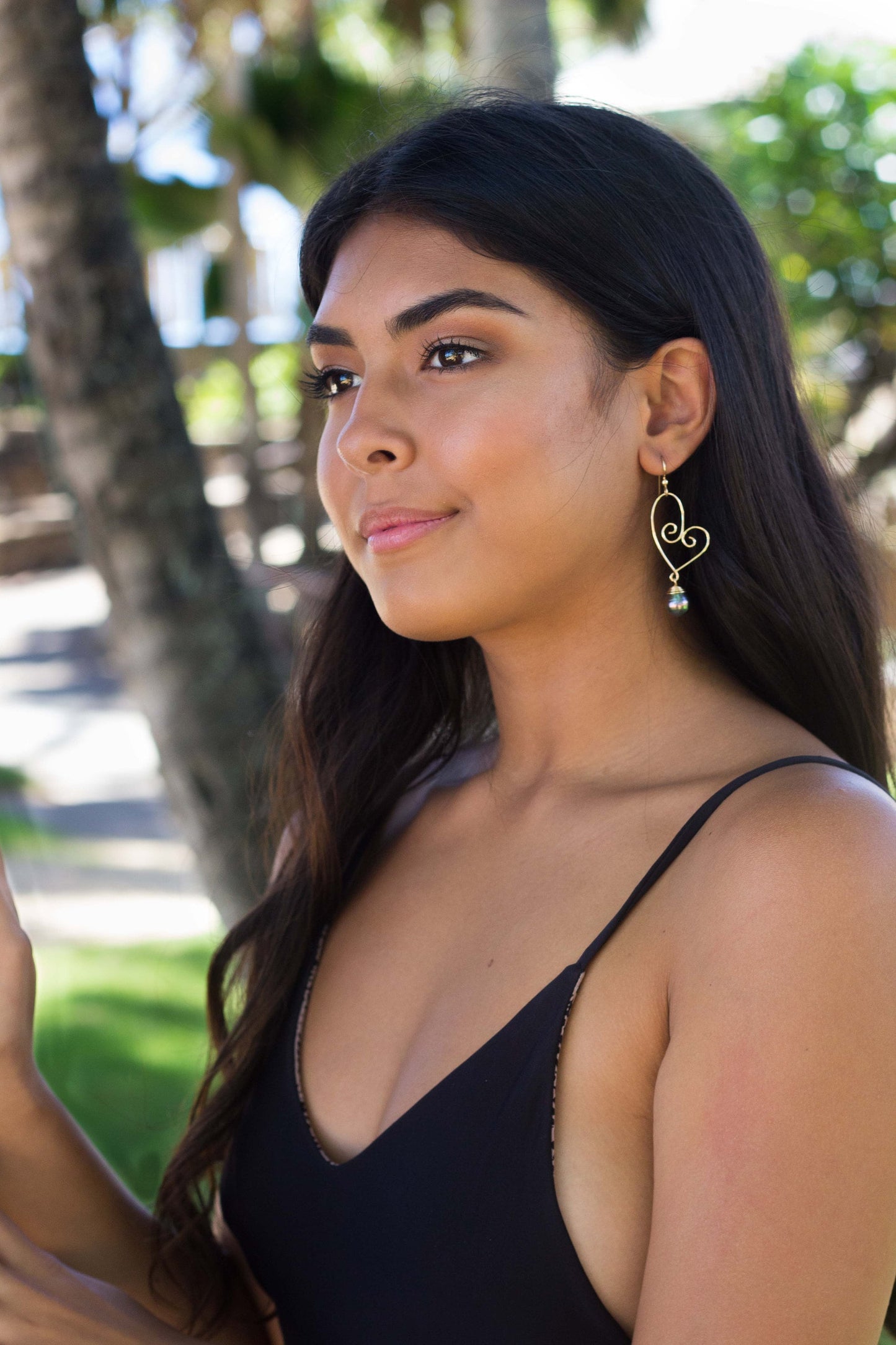 Tahitian Pearl Dangle Earrings • Gold heart jewelry