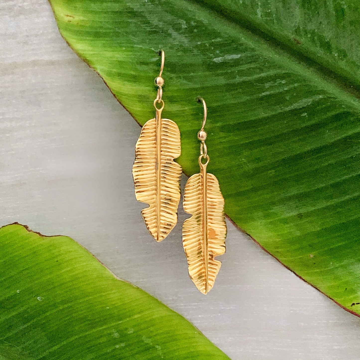 Tropical Banana Leaf Dangle Earrings • Hawaiian jewelry