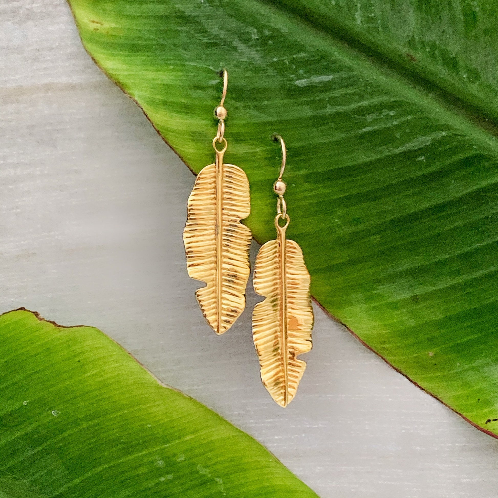 Tropical Banana Leaf Dangle Earrings • Hawaiian jewelry