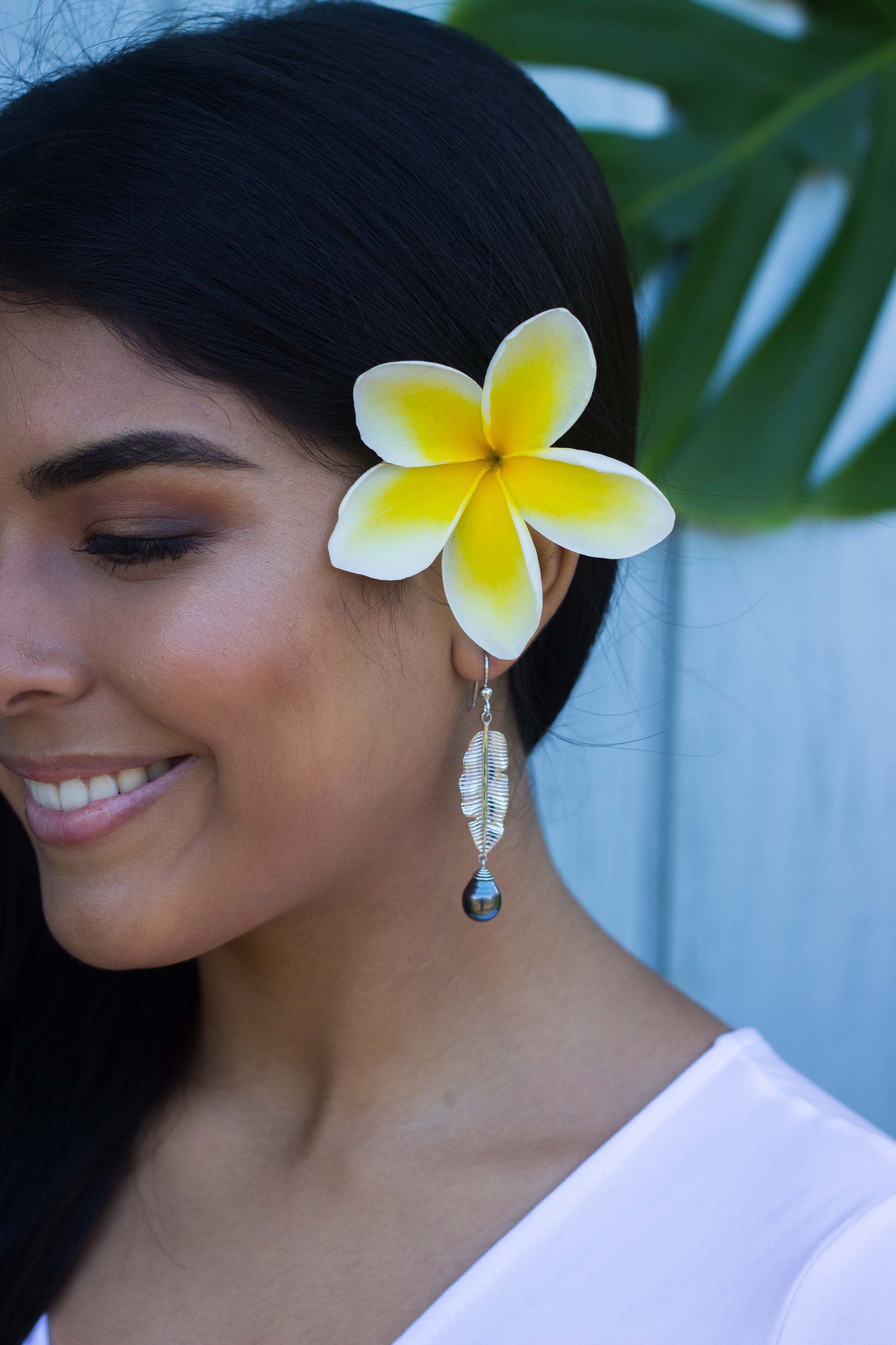 Tahitian Pearl Dangle Earrings: Sterling Silver Banana Leaf Jewelry