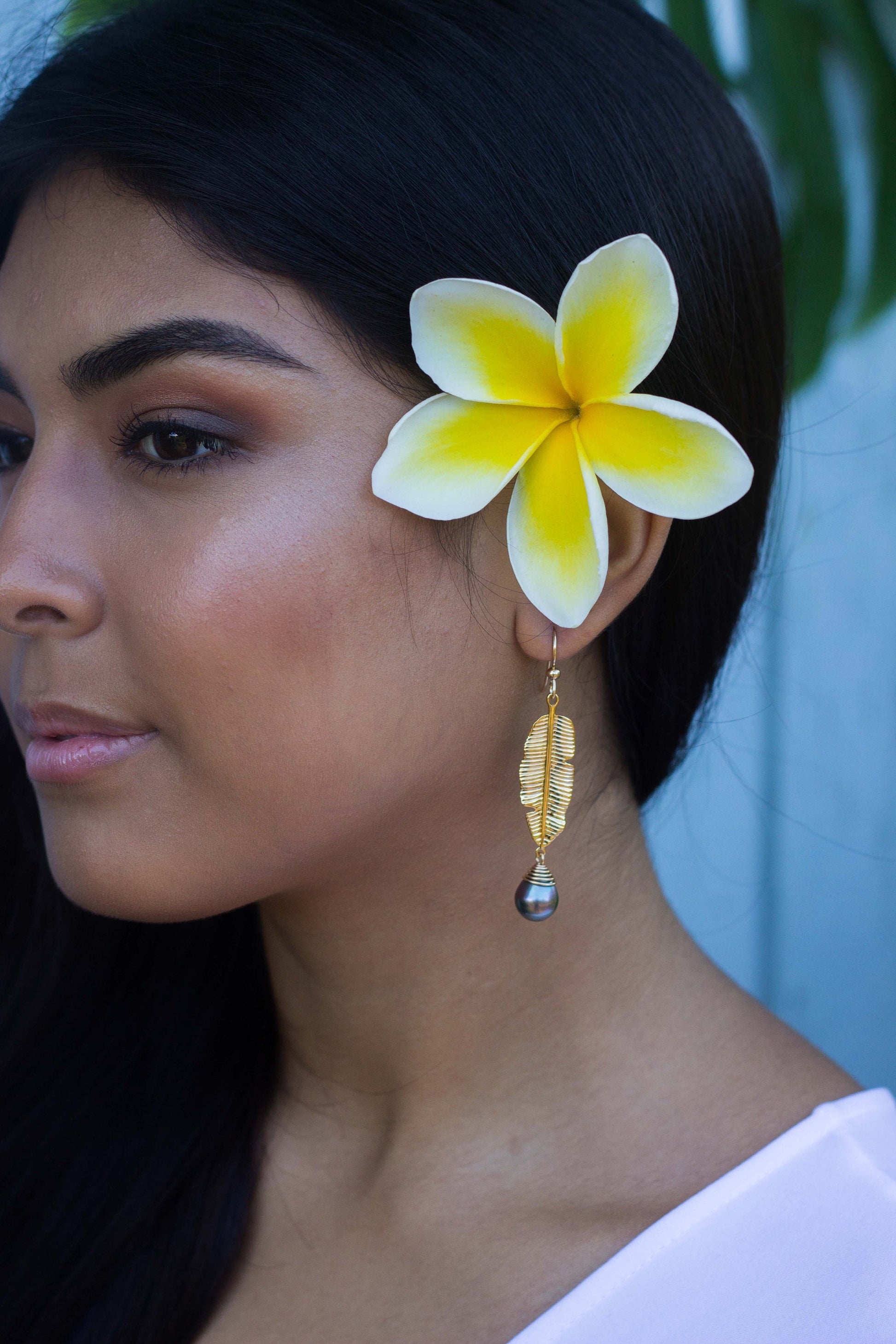 Banana Leaf Dangle Earrings: Tahitian Pearl, Heavy Gold Plated