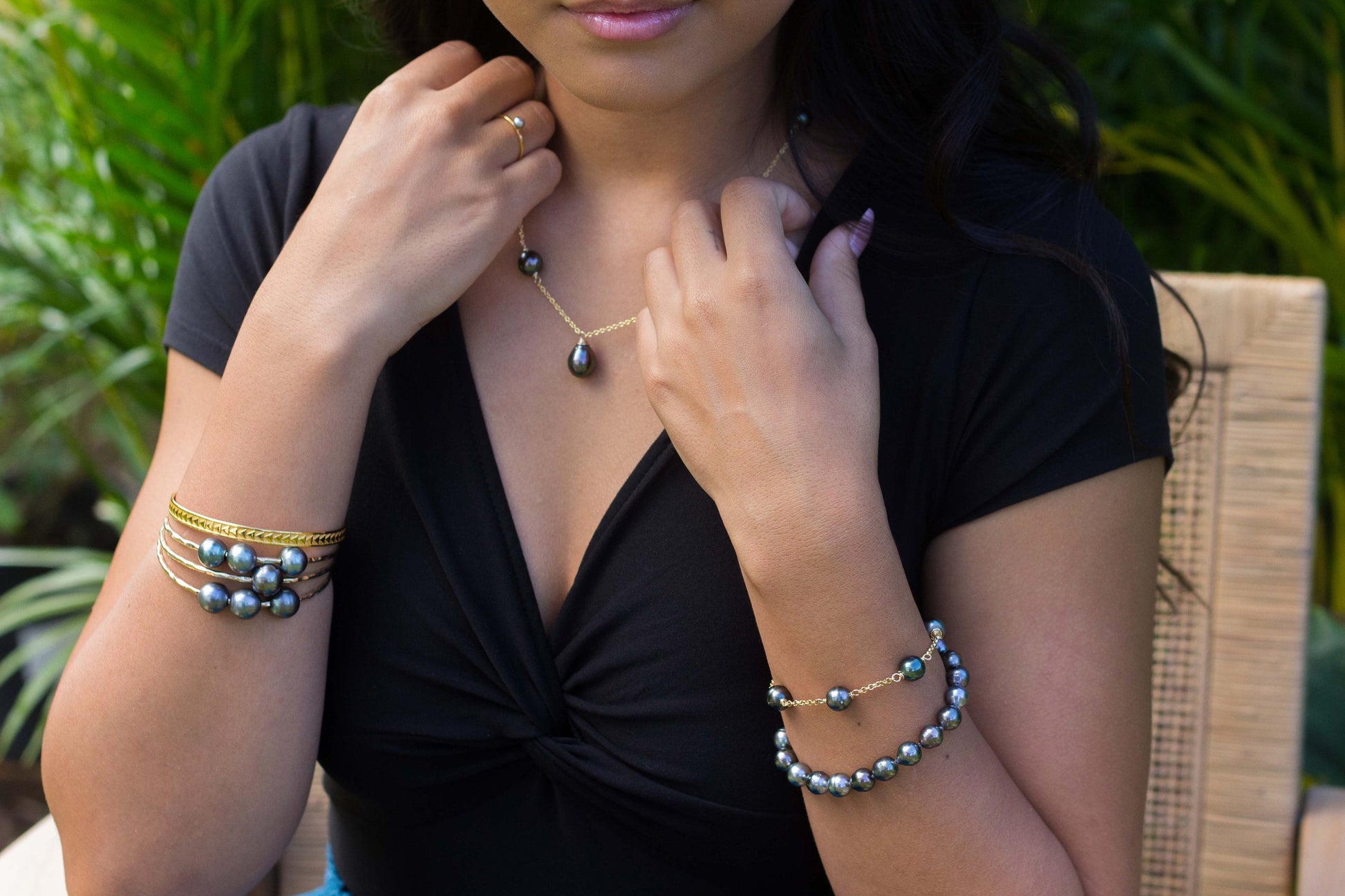 Tahitian pearl necklace • Linked pearls with drop pendant • Handmade in Hawaii jewelry