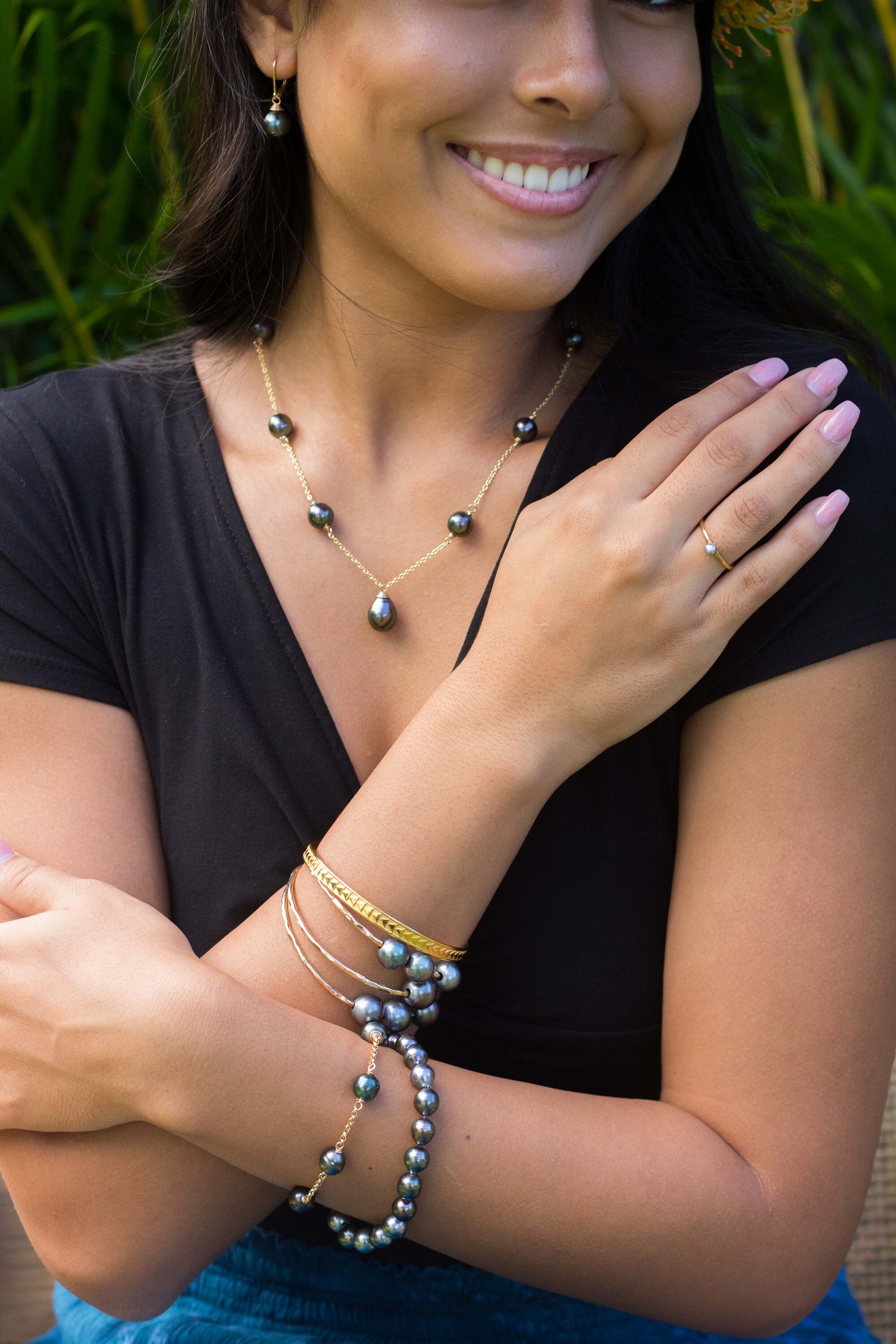 Tahitian pearl necklace • Linked pearls with drop pendant • Handmade in Hawaii jewelry