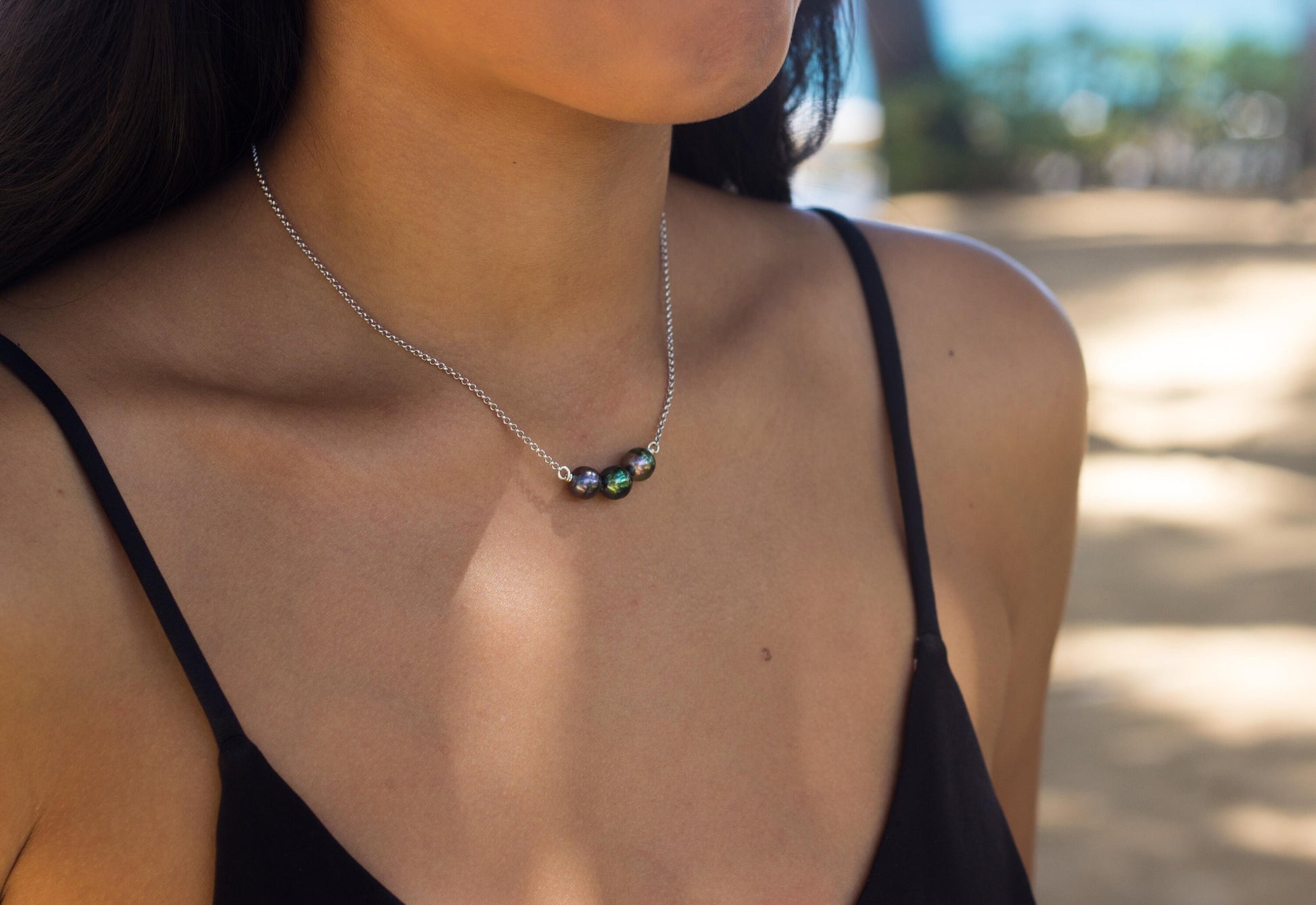 Tahitian Pearl Necklace – Triple Black Gems on Sterling Silver • Minimalist