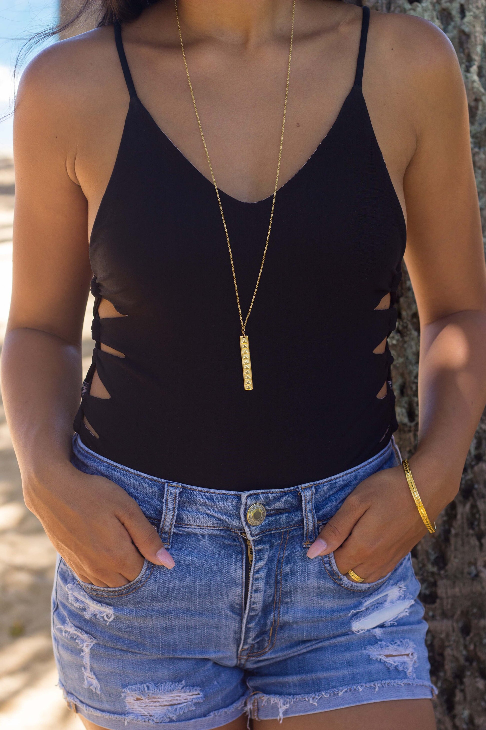 Hawaiian Bar Necklace: Gold Polynesian Triangle Pendant, Minimalist