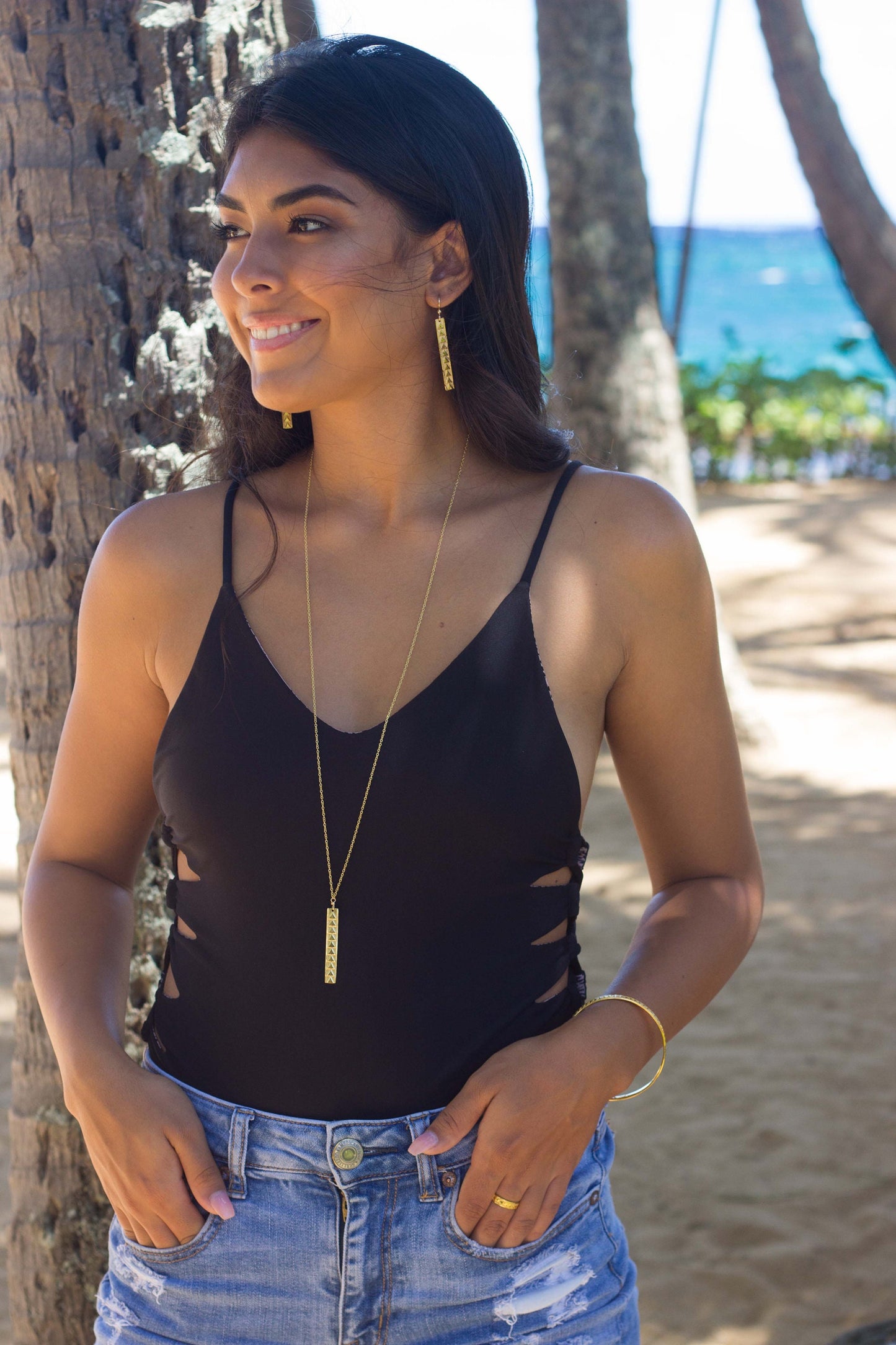 Hawaiian Bar Necklace: Gold Polynesian Triangle Pendant, Minimalist