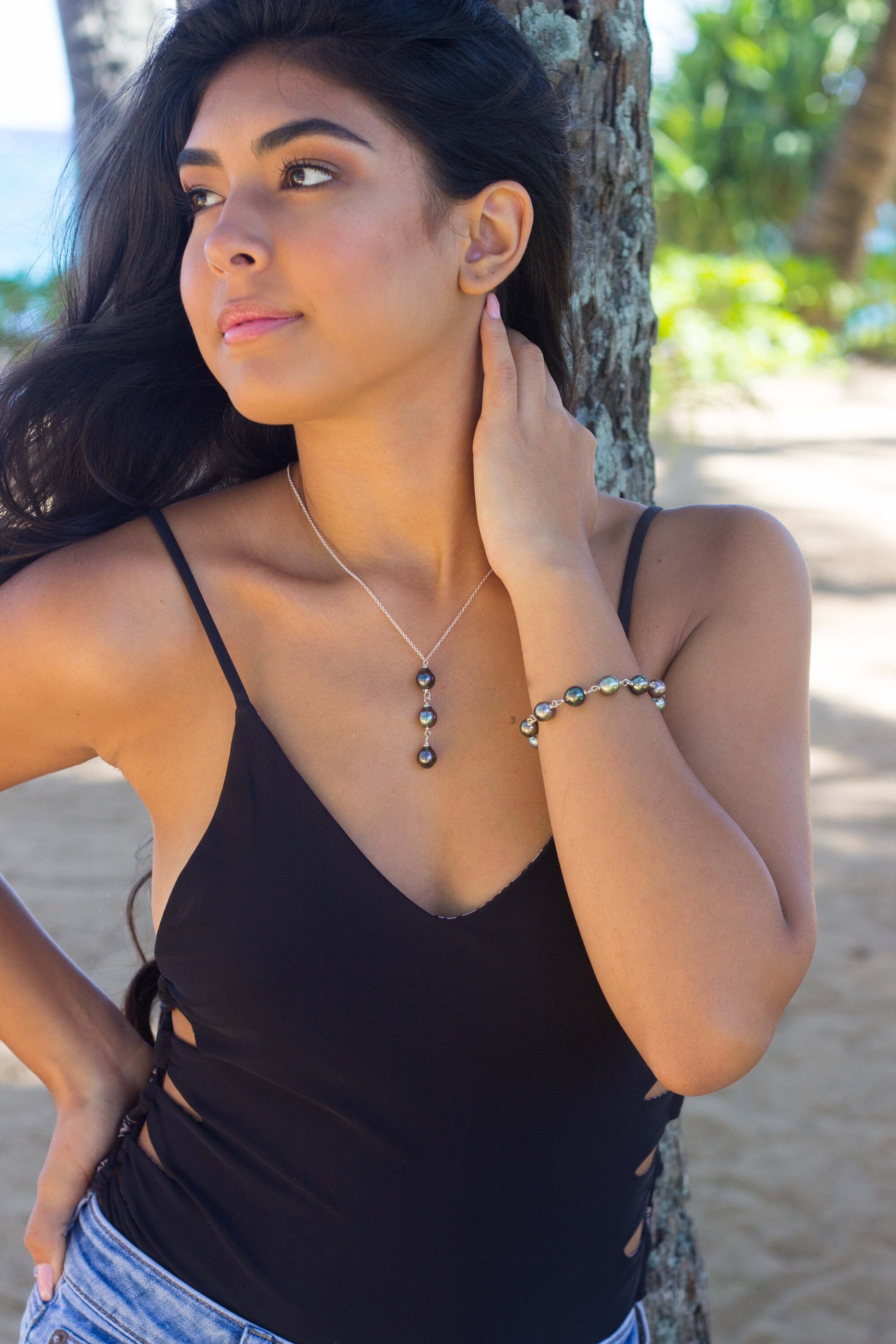 Tahitian Pearl Drop Necklace – 3 Black Pearls on Sterling Silver Chain • Handmade Minimalist Elegant Hawaii Jewelry