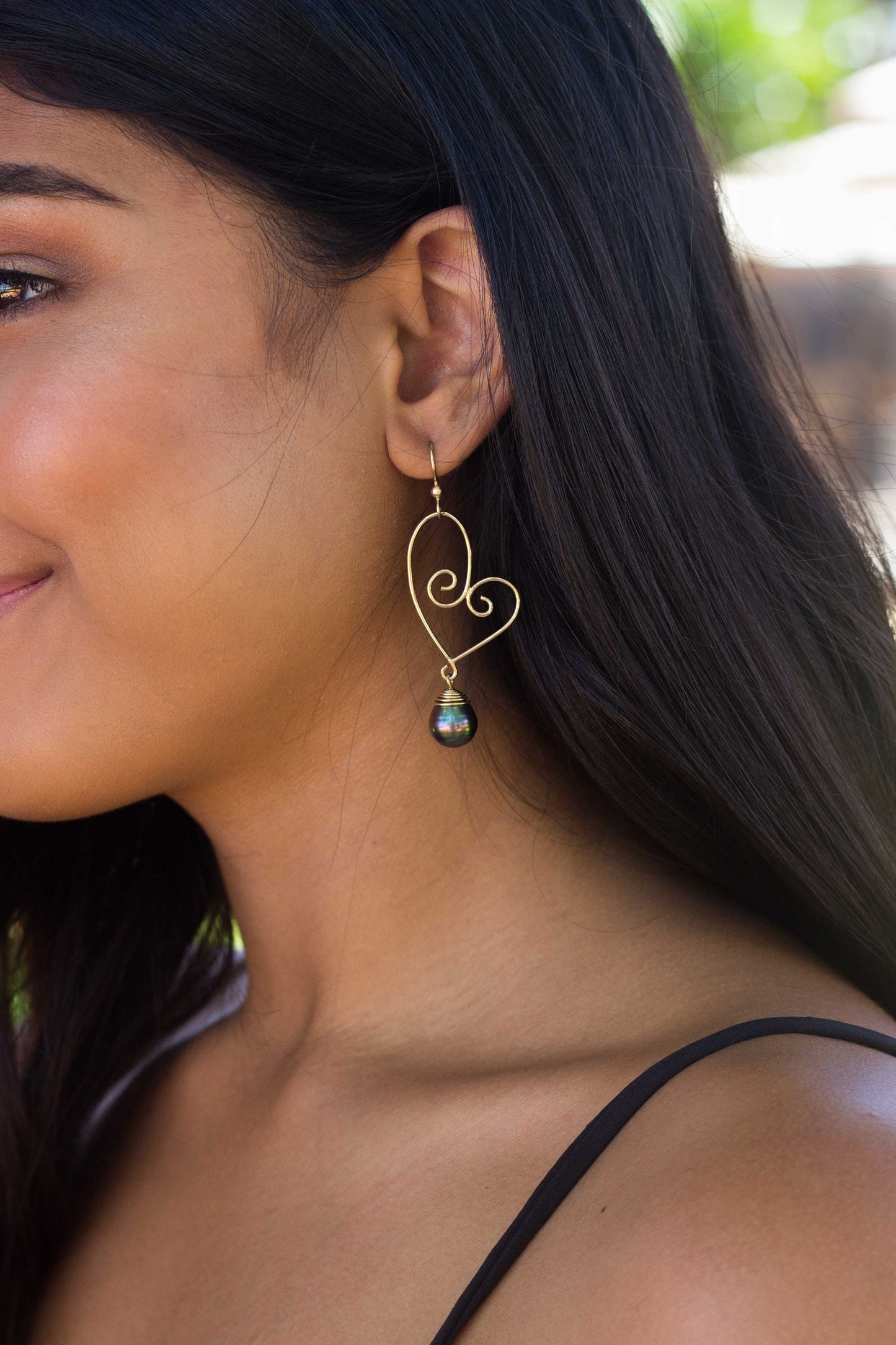 Tahitian Pearl Dangle Earrings • Sterling silver heart jewelry