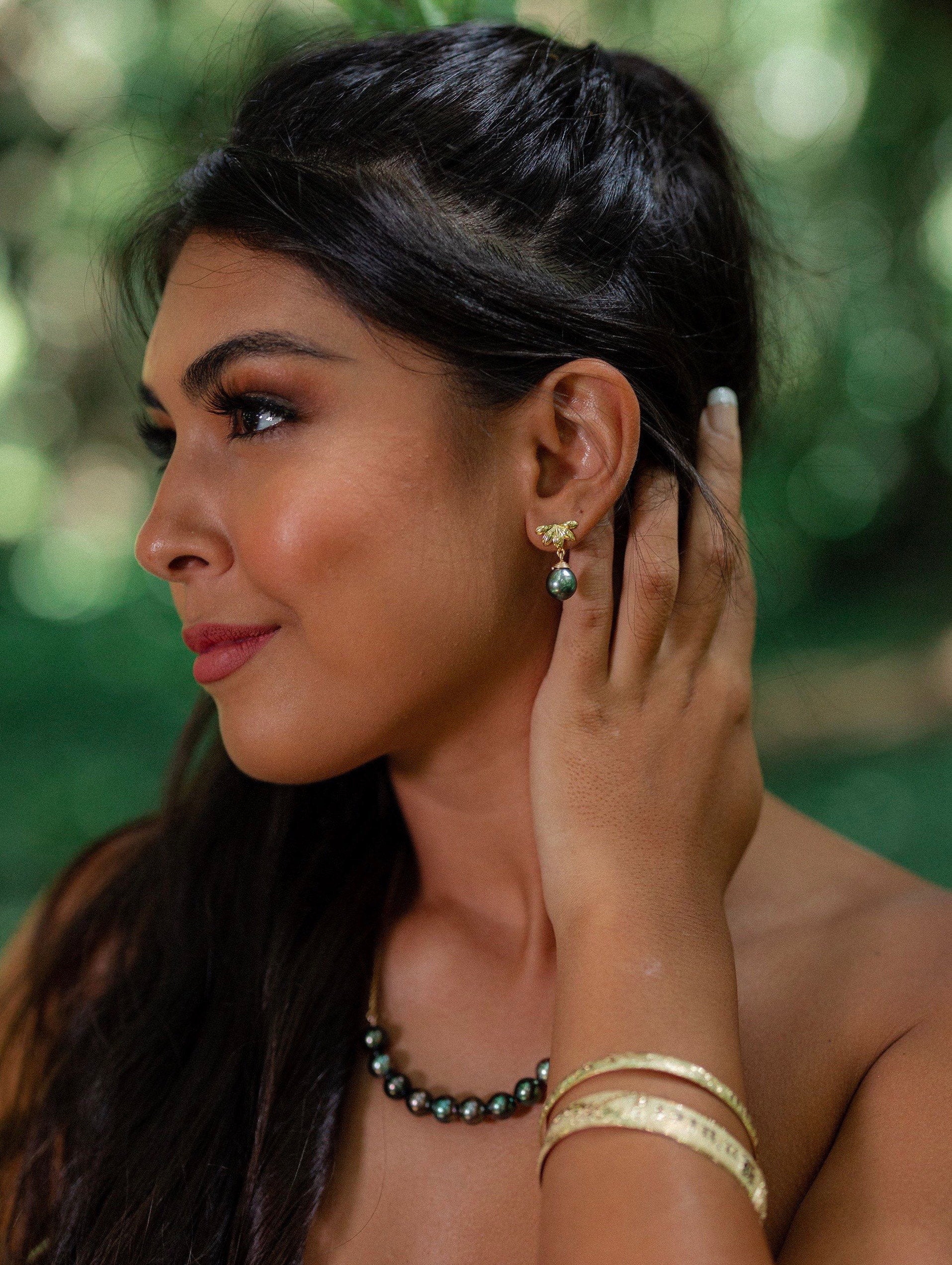 Naupaka Stud Earrings • Tahitian Pearl Drop Earrings • Hawaiian Jewelry in Sterling Silver
