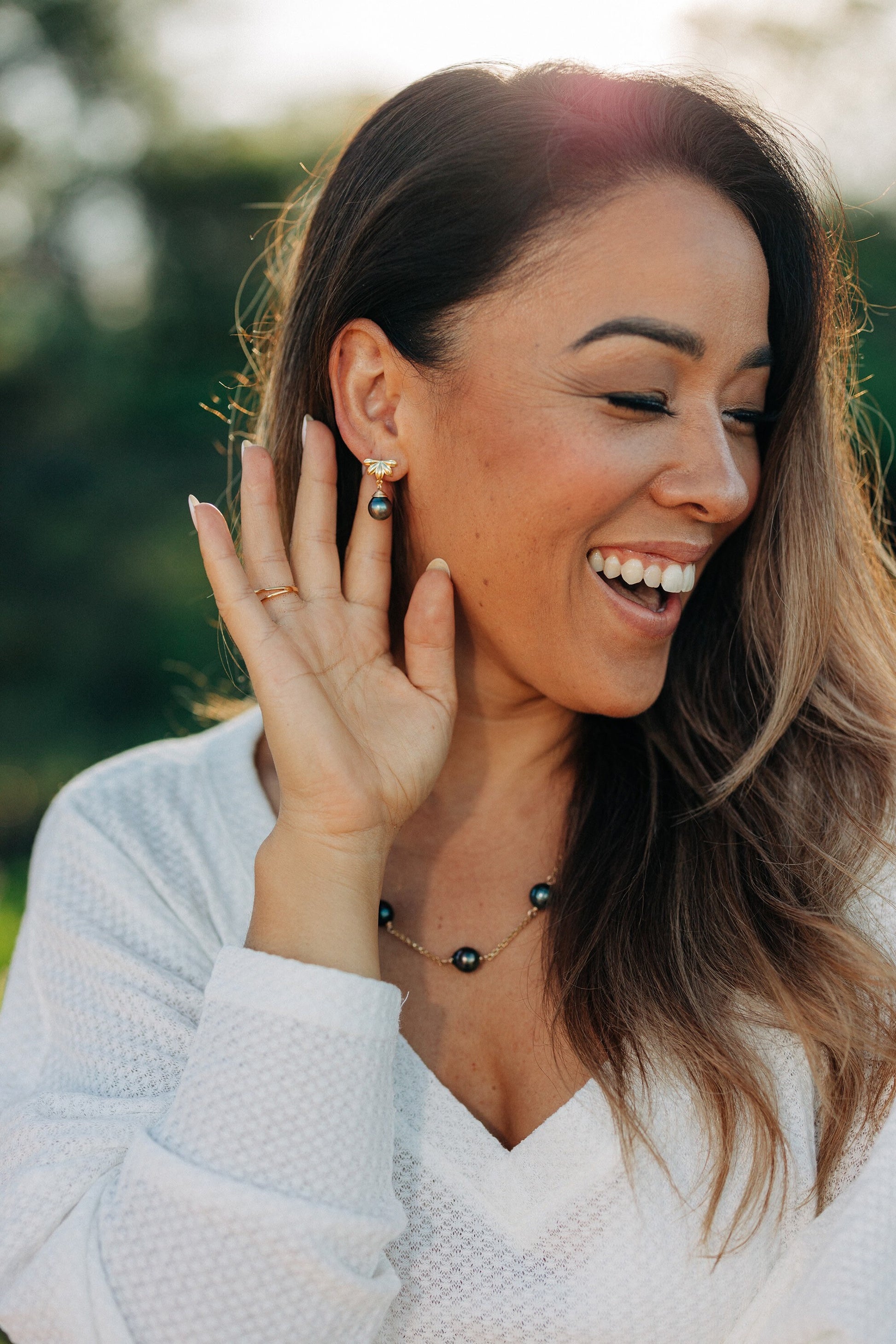 Naupaka Stud Earrings • Tahitian Pearl Drop Earrings • Hawaiian Jewelry in Gold vermeil