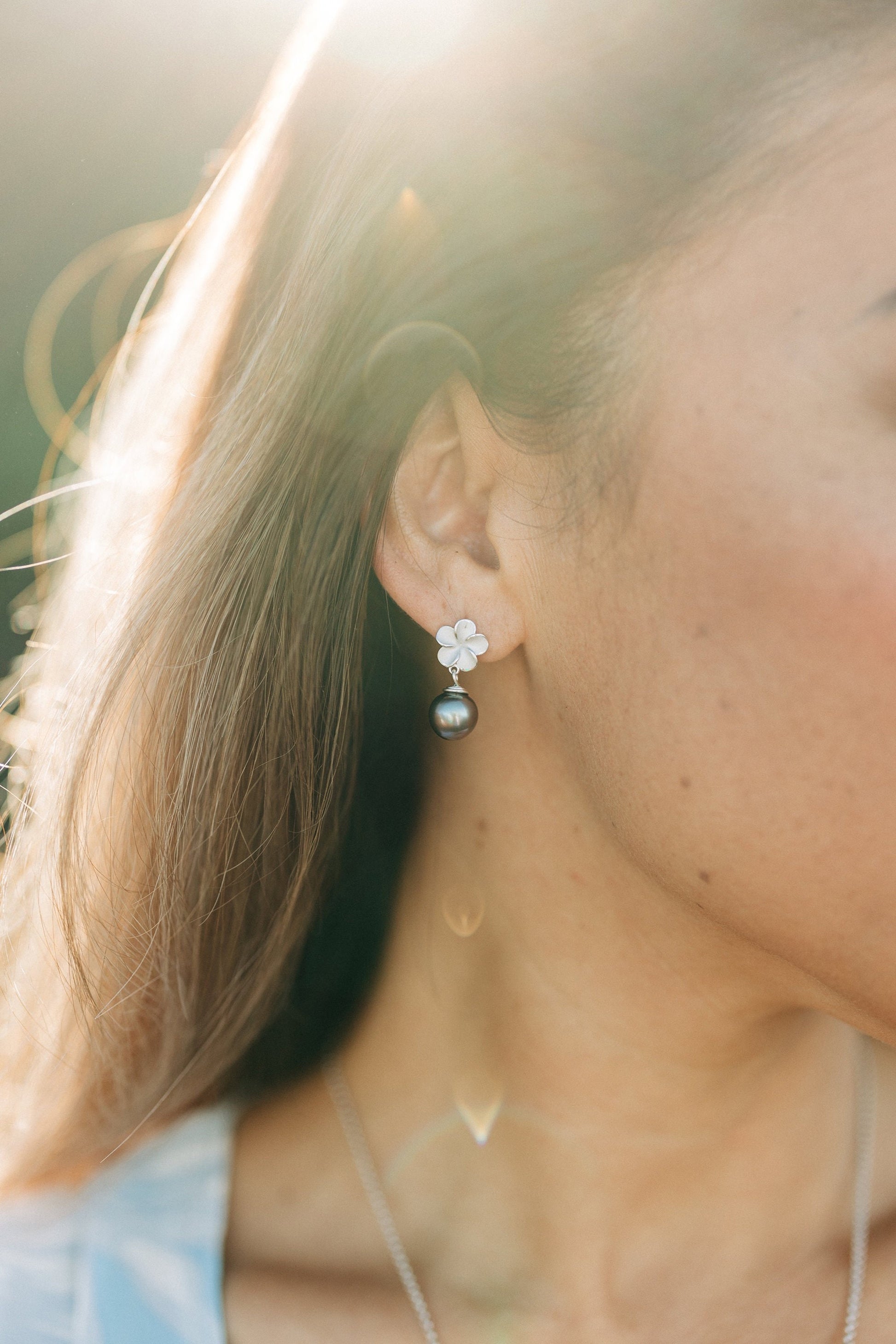 Tahitian Pearl Plumeria Earrings: Sterling Silver Floral Studs