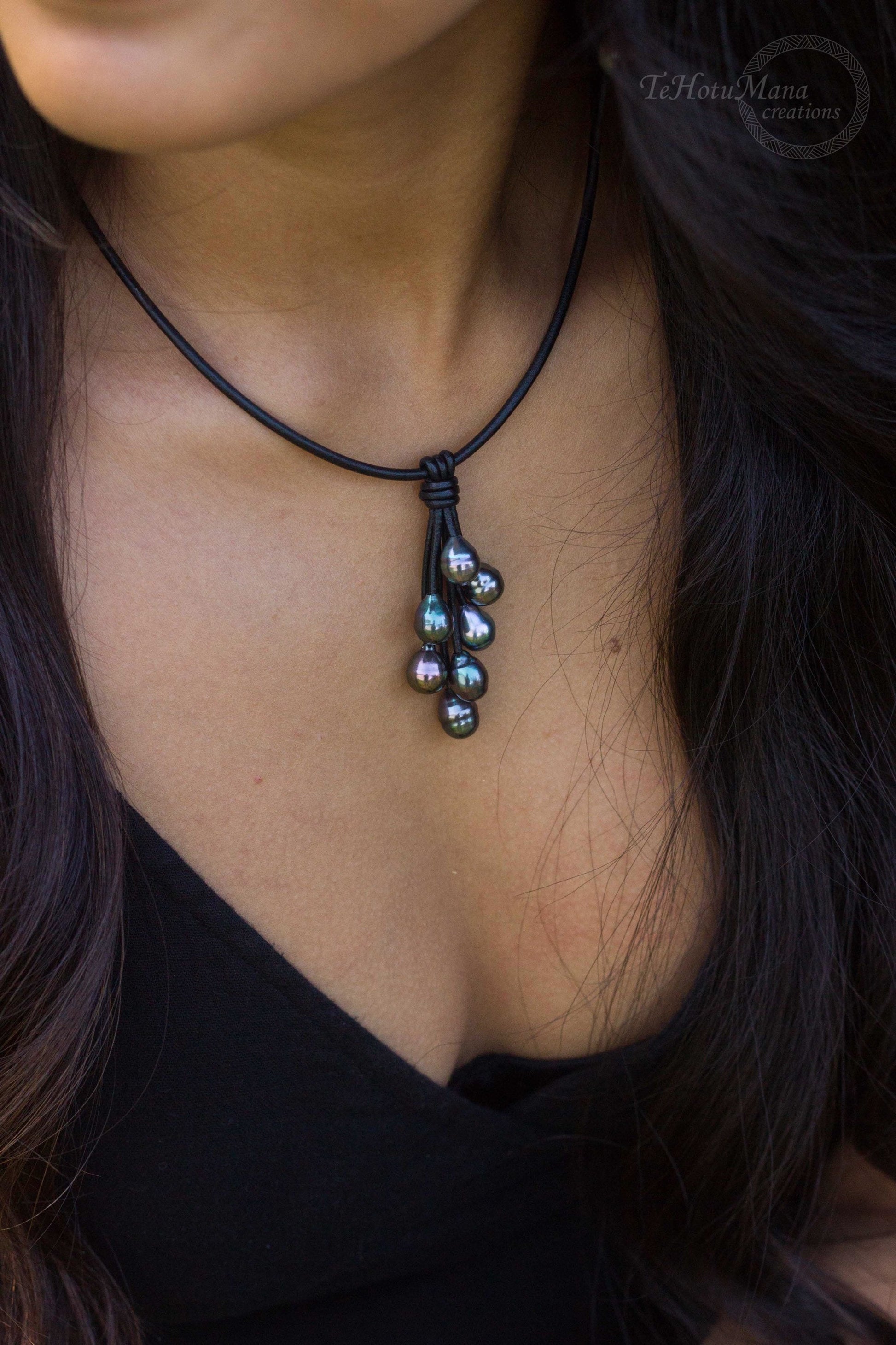 Tahitian Pearl Necklace • Boho Leather Cluster Pendant • Island-Inspired Jewelry