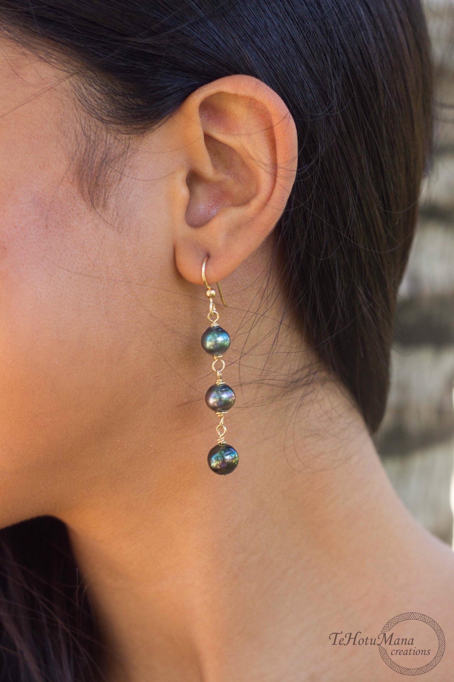 triple tahitian pearl dangle earrings in gold filled