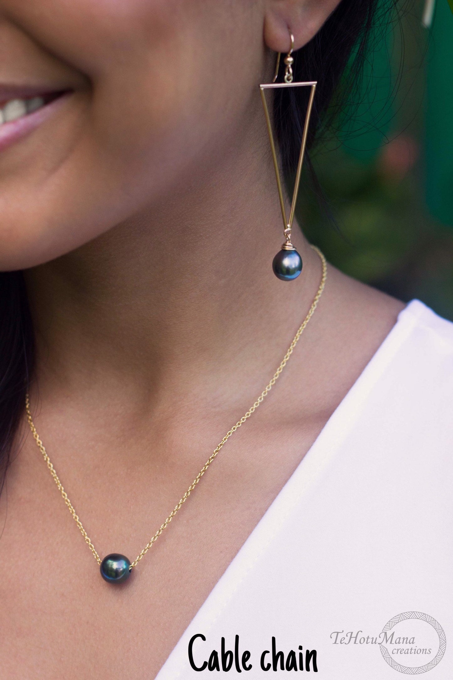Tahitian pearl necklace - Slider • Floating pearl • Sliding Design in Gold filled • Handmade in Hawaii