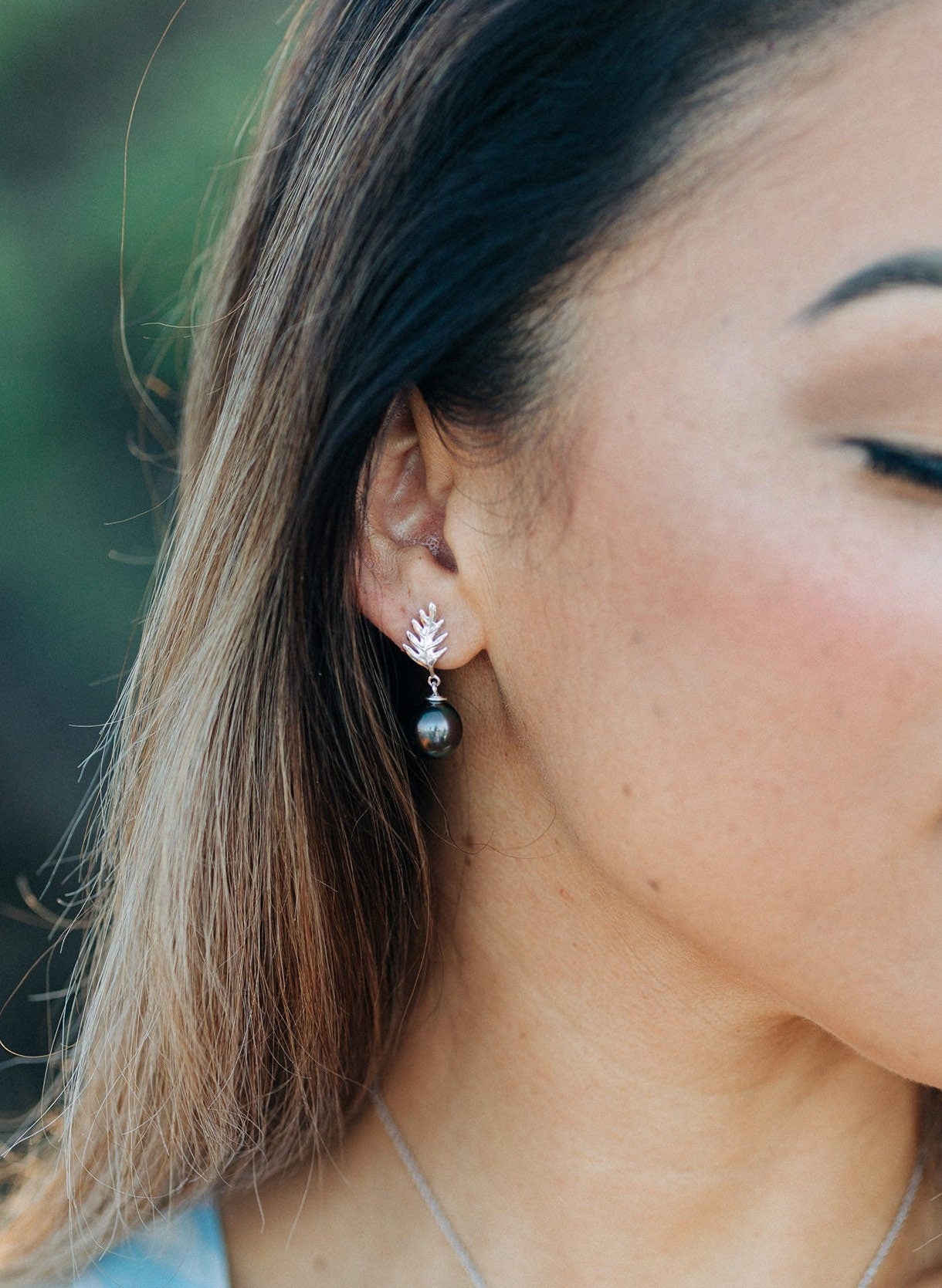Ulu Leaf and Tahitian Pearl Stud Earrings — Sterling Silver jewelry