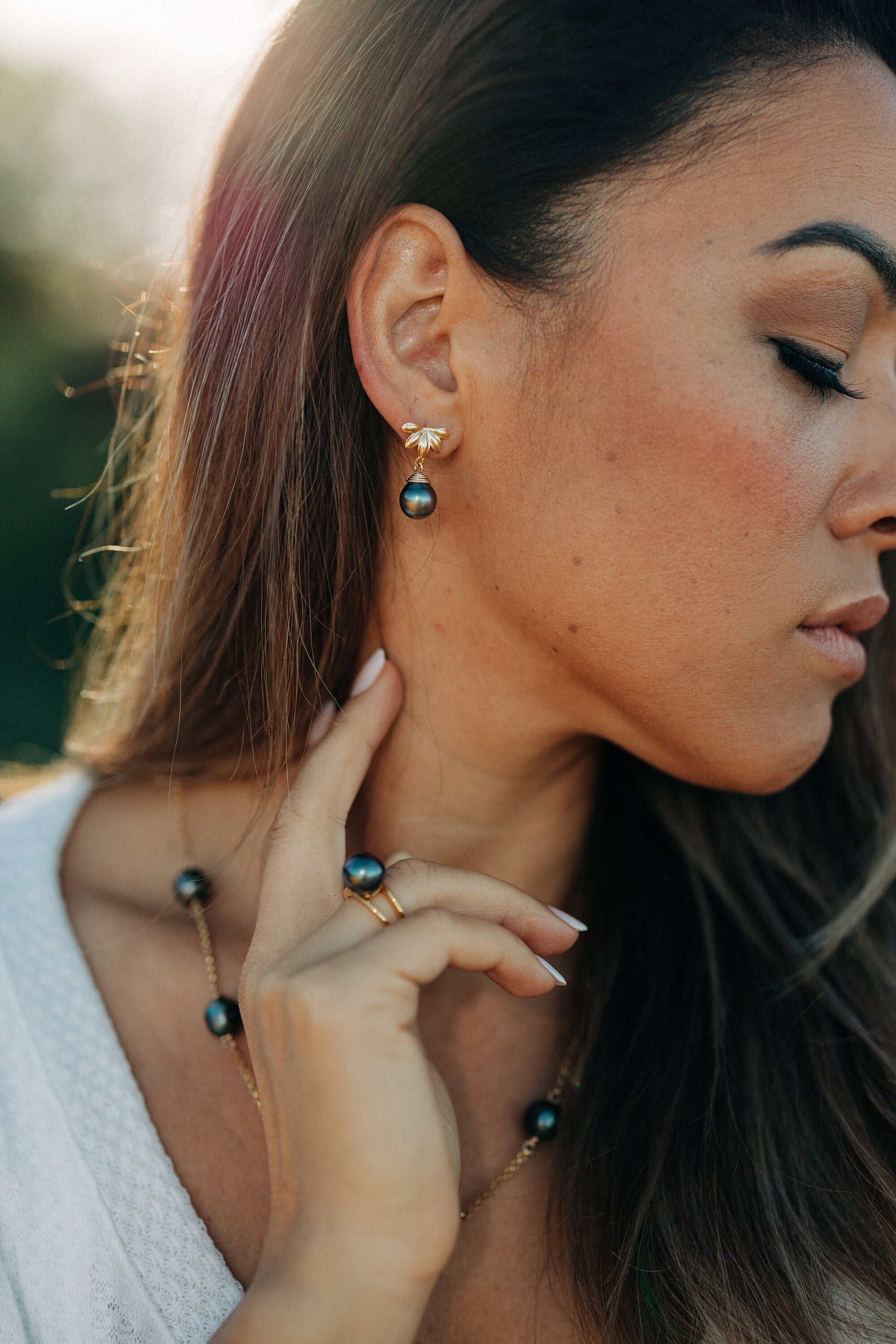 Naupaka Stud Earrings • Tahitian Pearl Drop Earrings • Hawaiian Jewelry in Gold vermeil