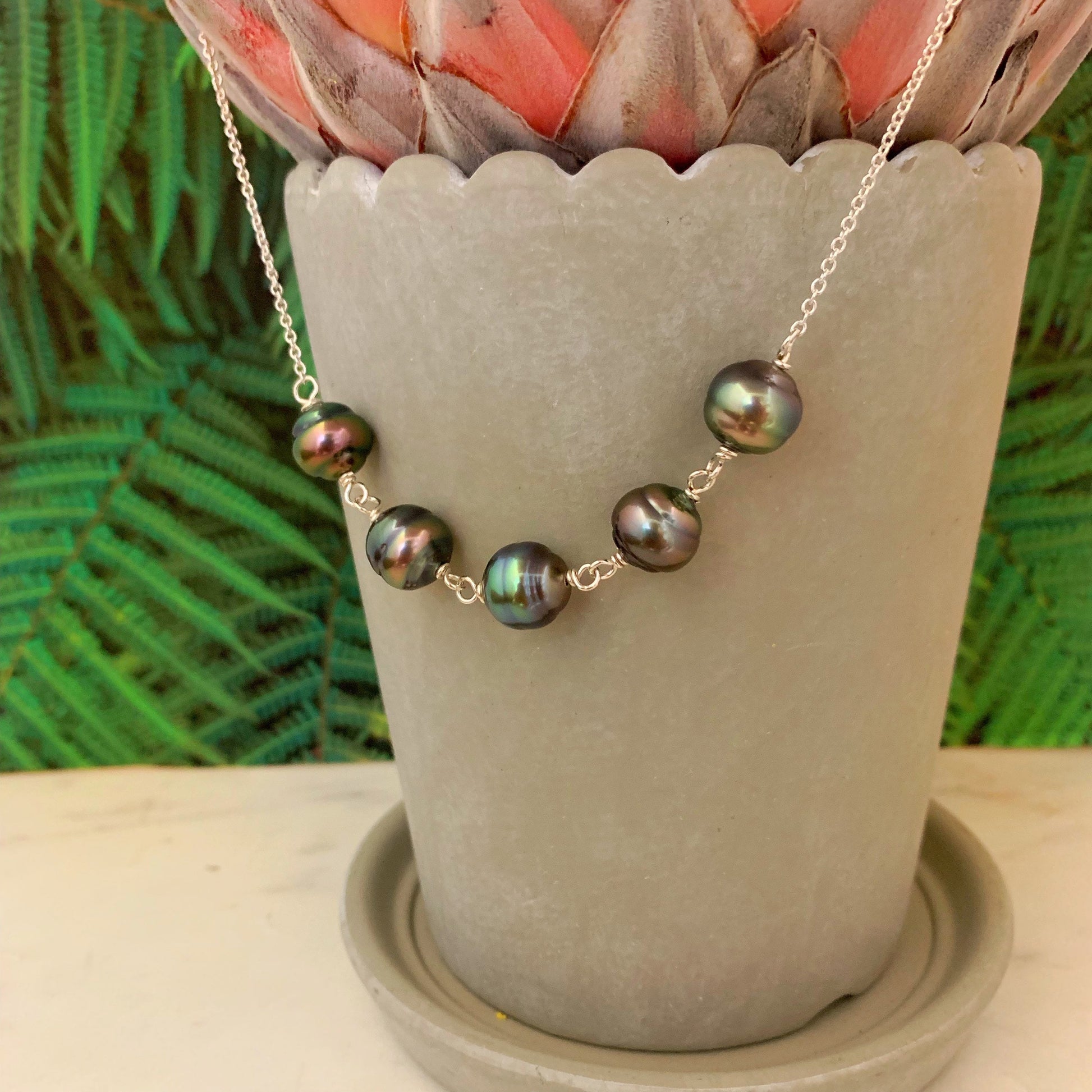 Tahitian Pearl Necklace – 5 Genuine Black Pearls