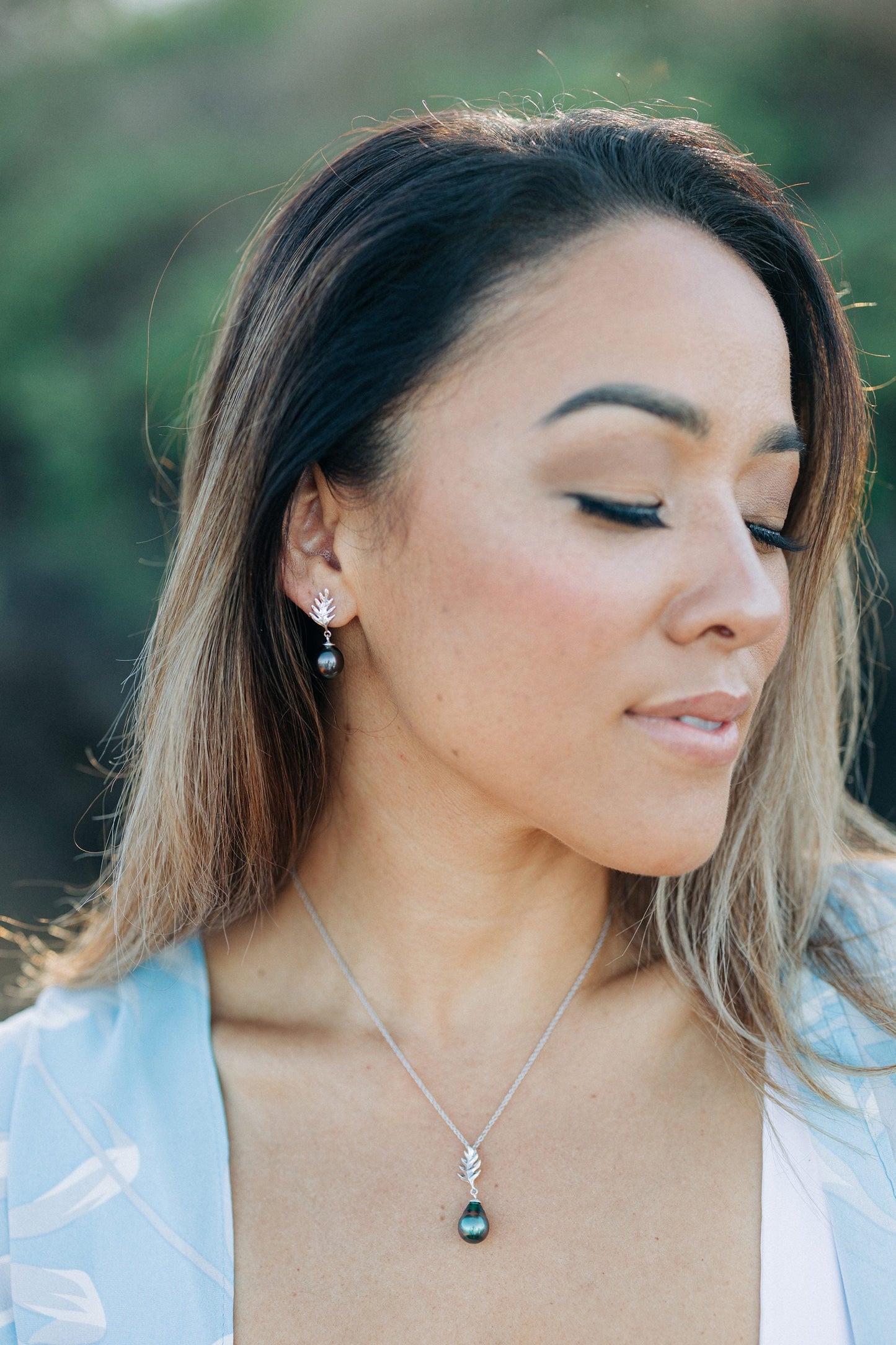Ulu Leaf and Tahitian Pearl Stud Earrings — Sterling Silver jewelry
