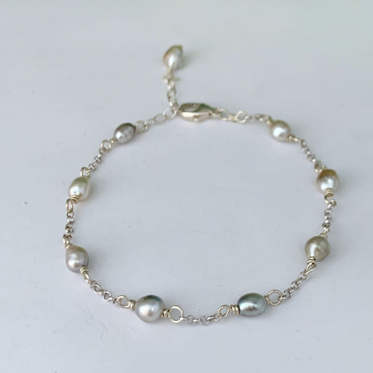 Tahitian Keshi Pearl Bracelet: Sterling Silver or Gold-Filled Chain