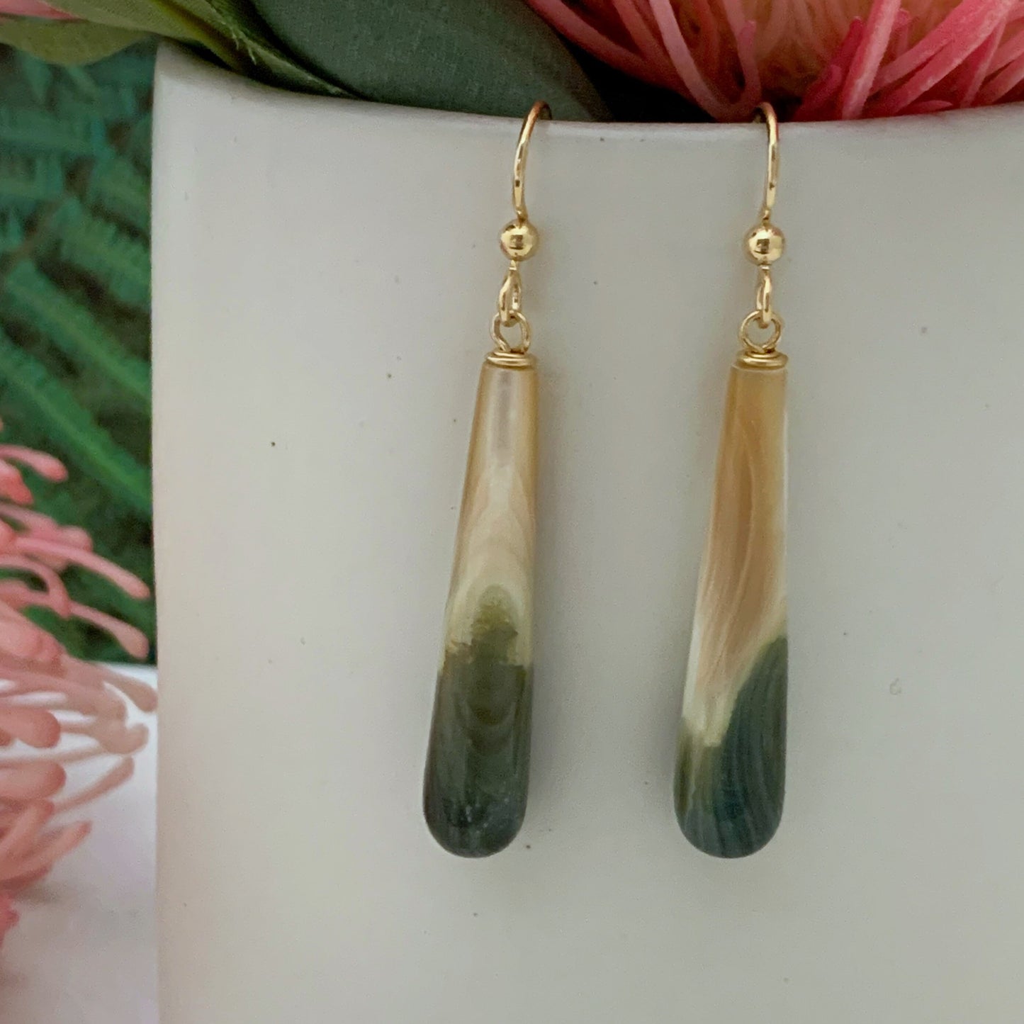 Exotic Green Handmade Shell Drop Earrings for Unique Gifts • Gold-filled or Sterling Silver