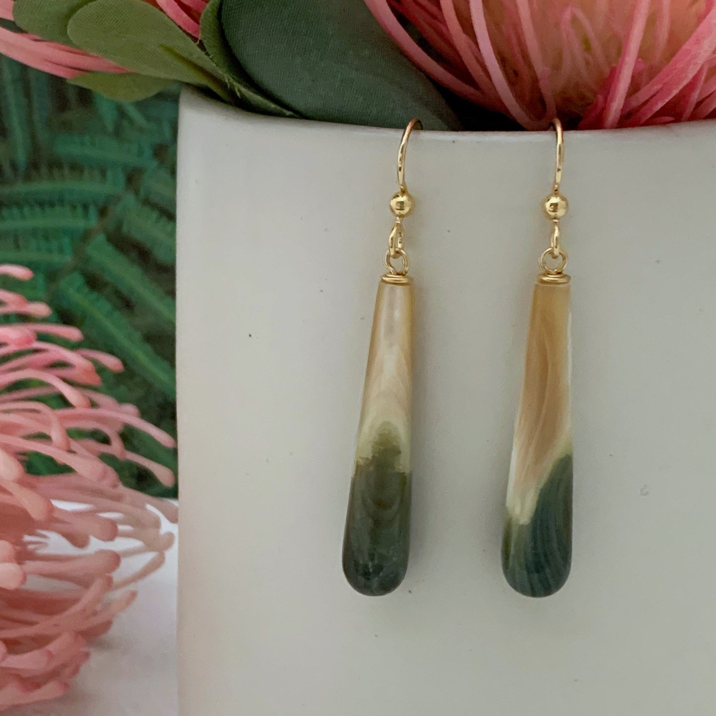 Exotic Green Handmade Shell Drop Earrings for Unique Gifts • Gold-filled or Sterling Silver