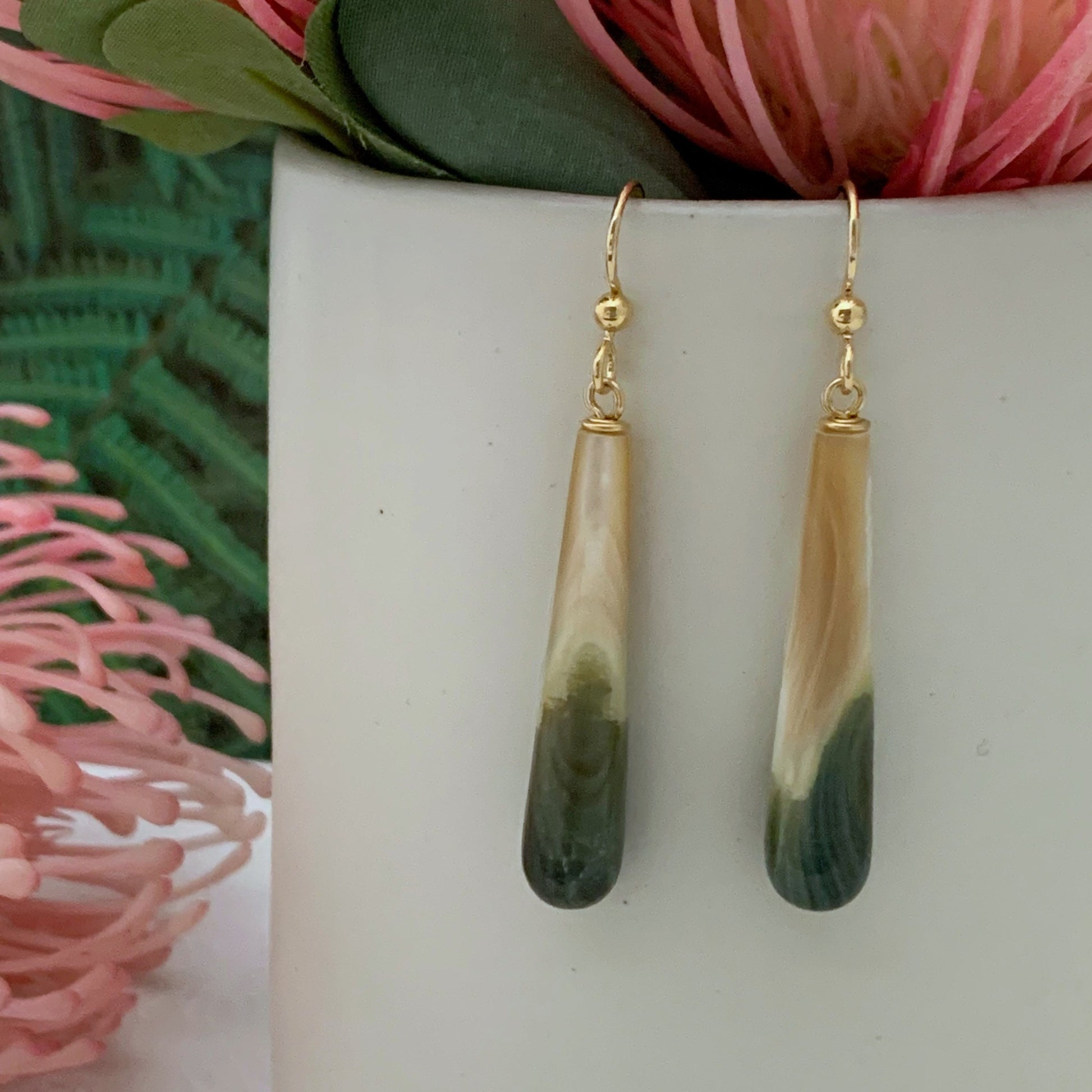 Exotic Green Handmade Shell Drop Earrings for Unique Gifts • Gold-filled or Sterling Silver