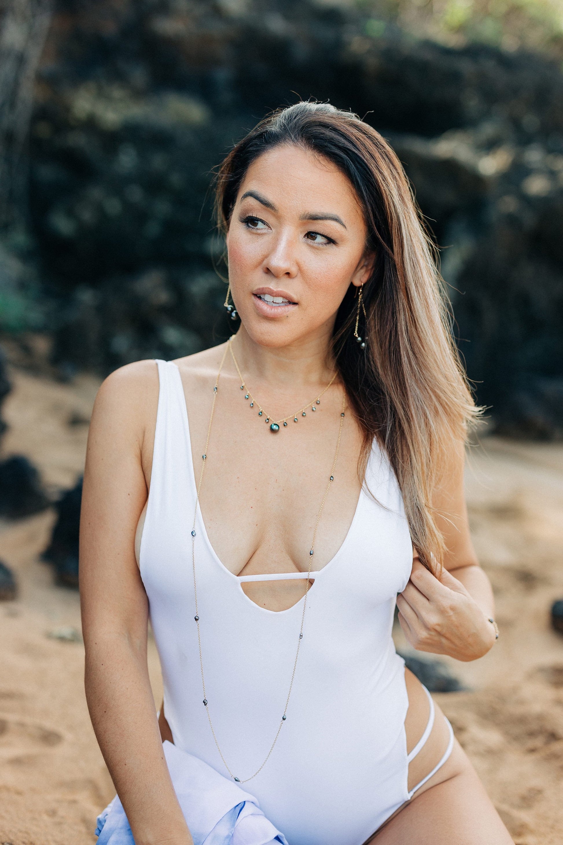 Tahitian Keshi Pearl Lariat Necklace: Sterling Silver or Gold-Filled