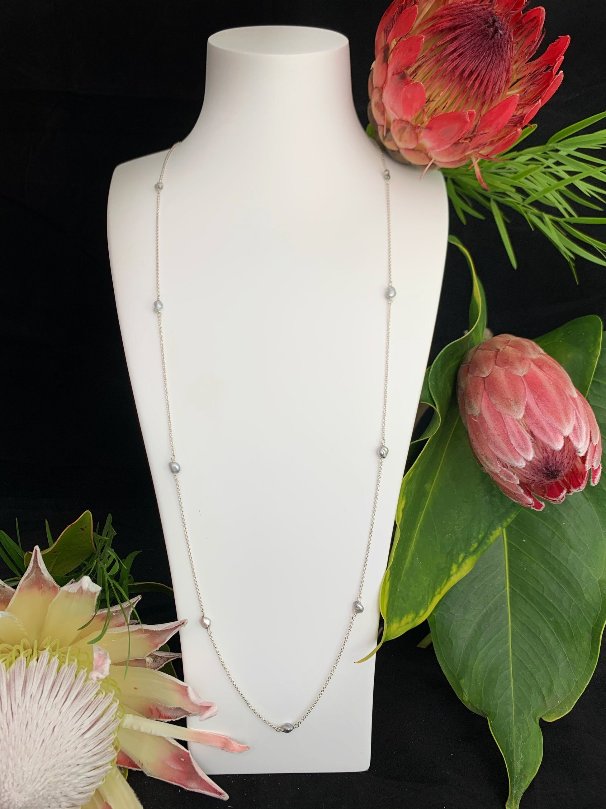 Tahitian Keshi Pearl Lariat Necklace: Sterling Silver or Gold-Filled