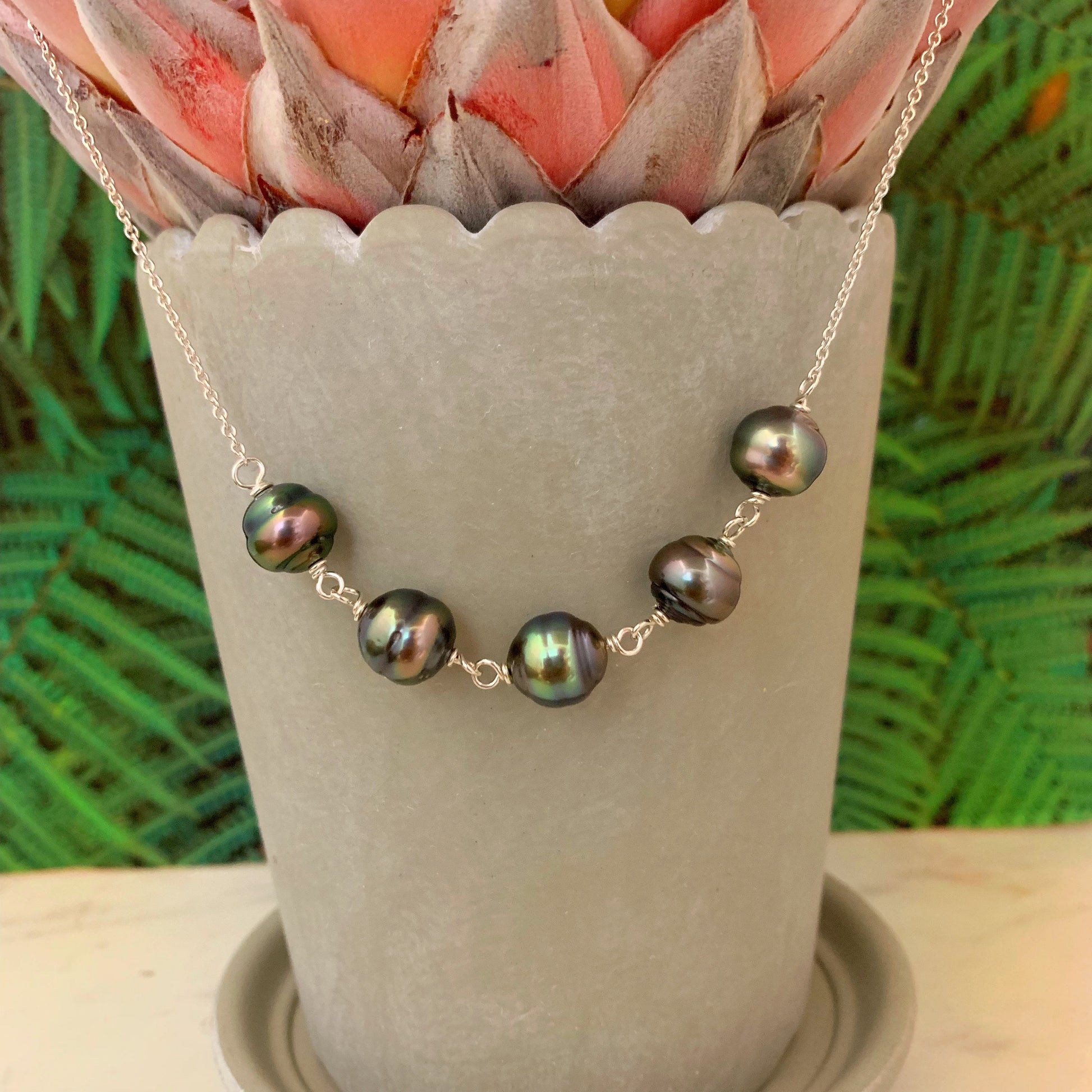 Tahitian Pearl Necklace – 5 Genuine Black Pearls