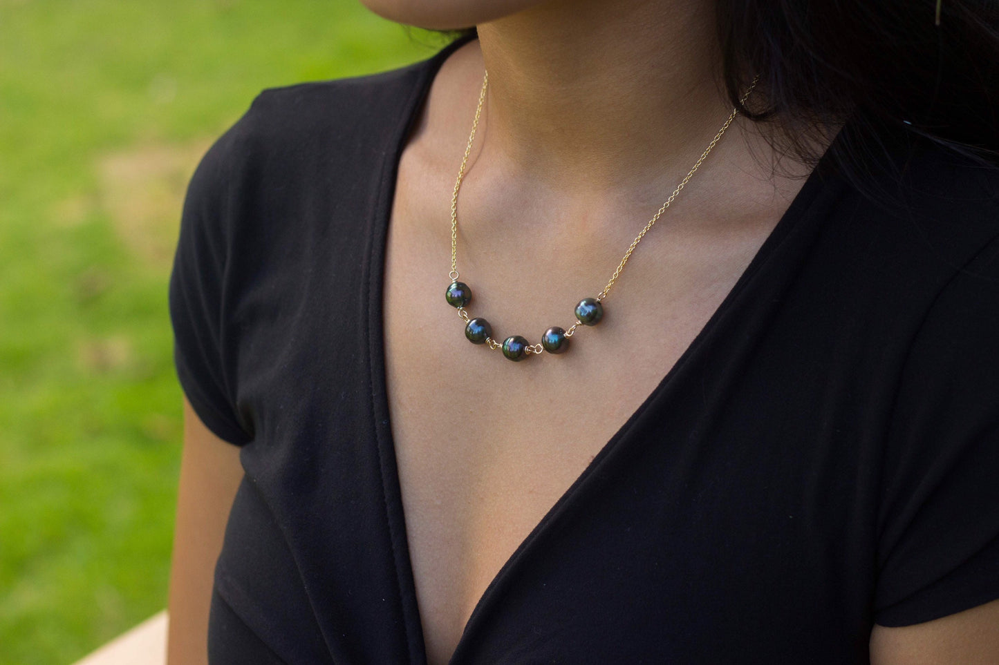 Tahitian Pearl Necklace – 5 Genuine Black Pearls