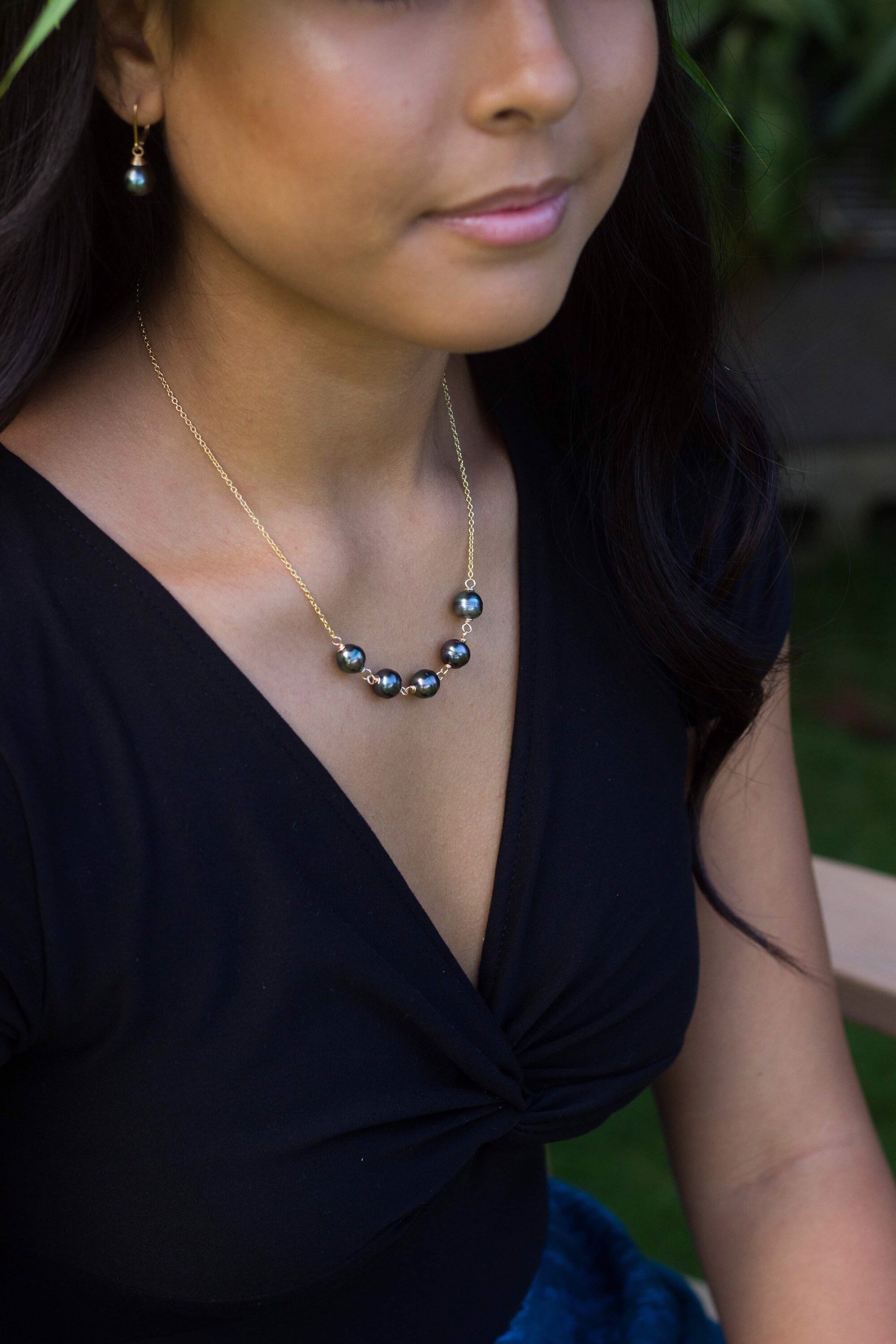 Tahitian Pearl Necklace – 5 Genuine Black Pearls