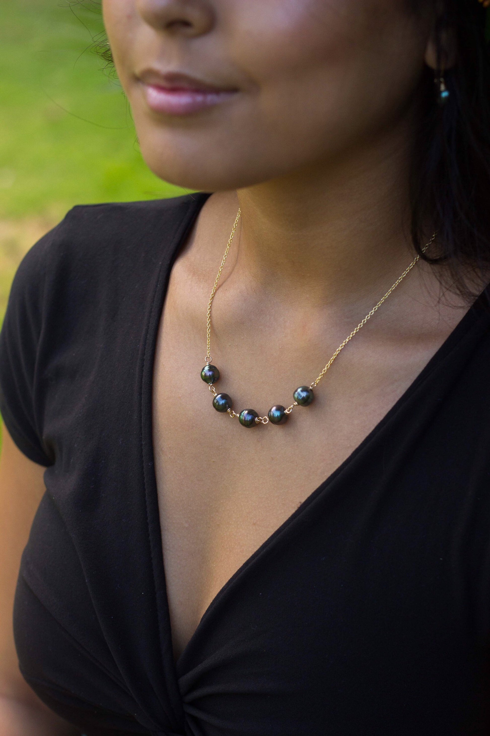 Tahitian Pearl Necklace – 5 Genuine Black Pearls